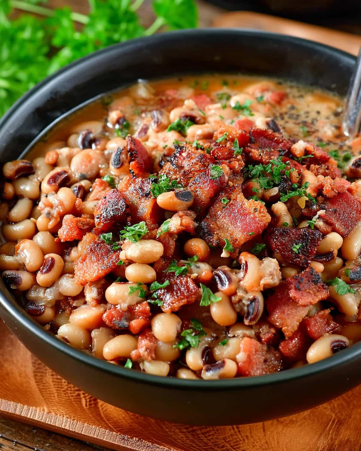 Black eyed peas Instant Pot stew with smoky bacon, fresh herbs, and a flavorful broth.