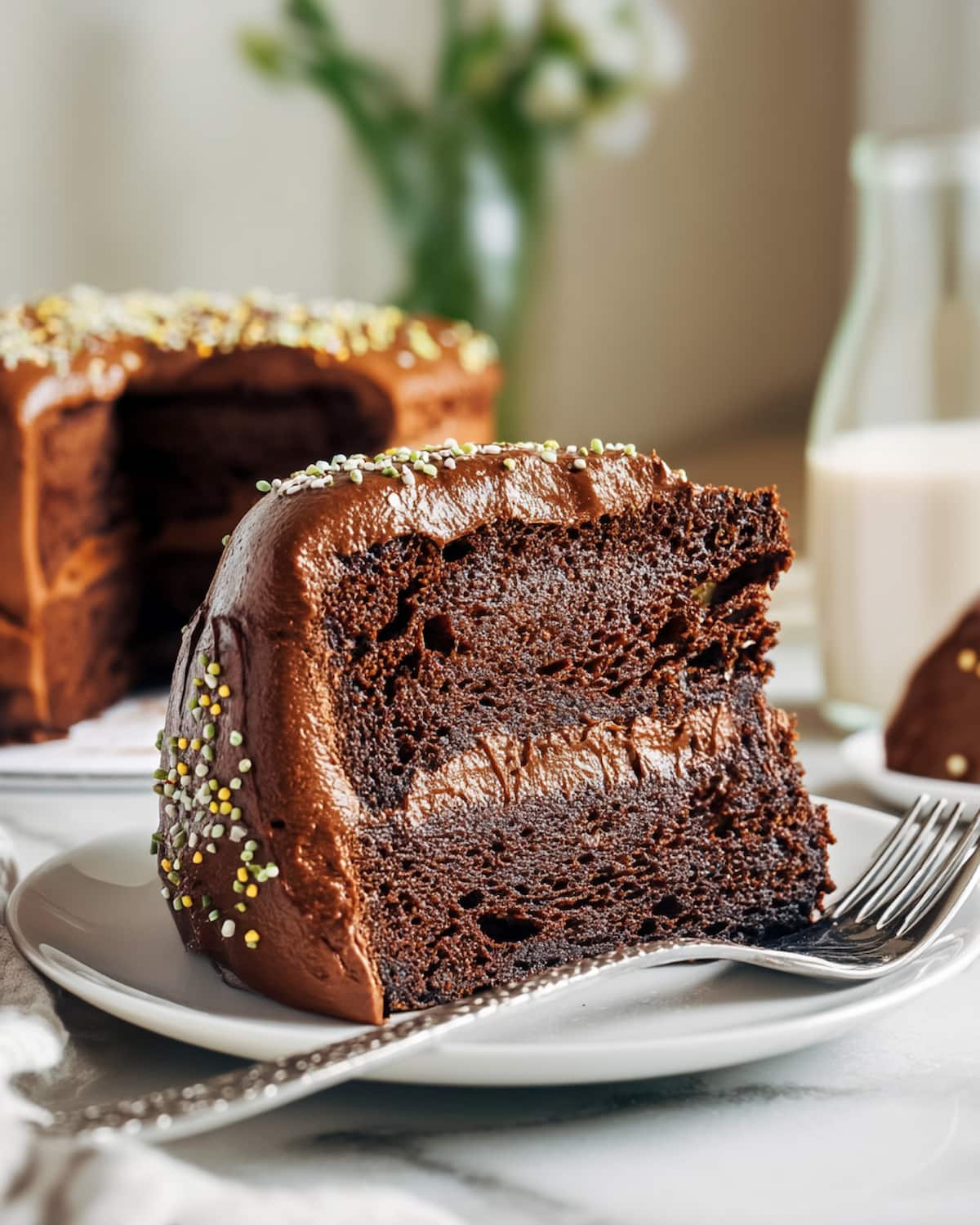 Chocolate quinoa cake Instant Pot topped with creamy chocolate.