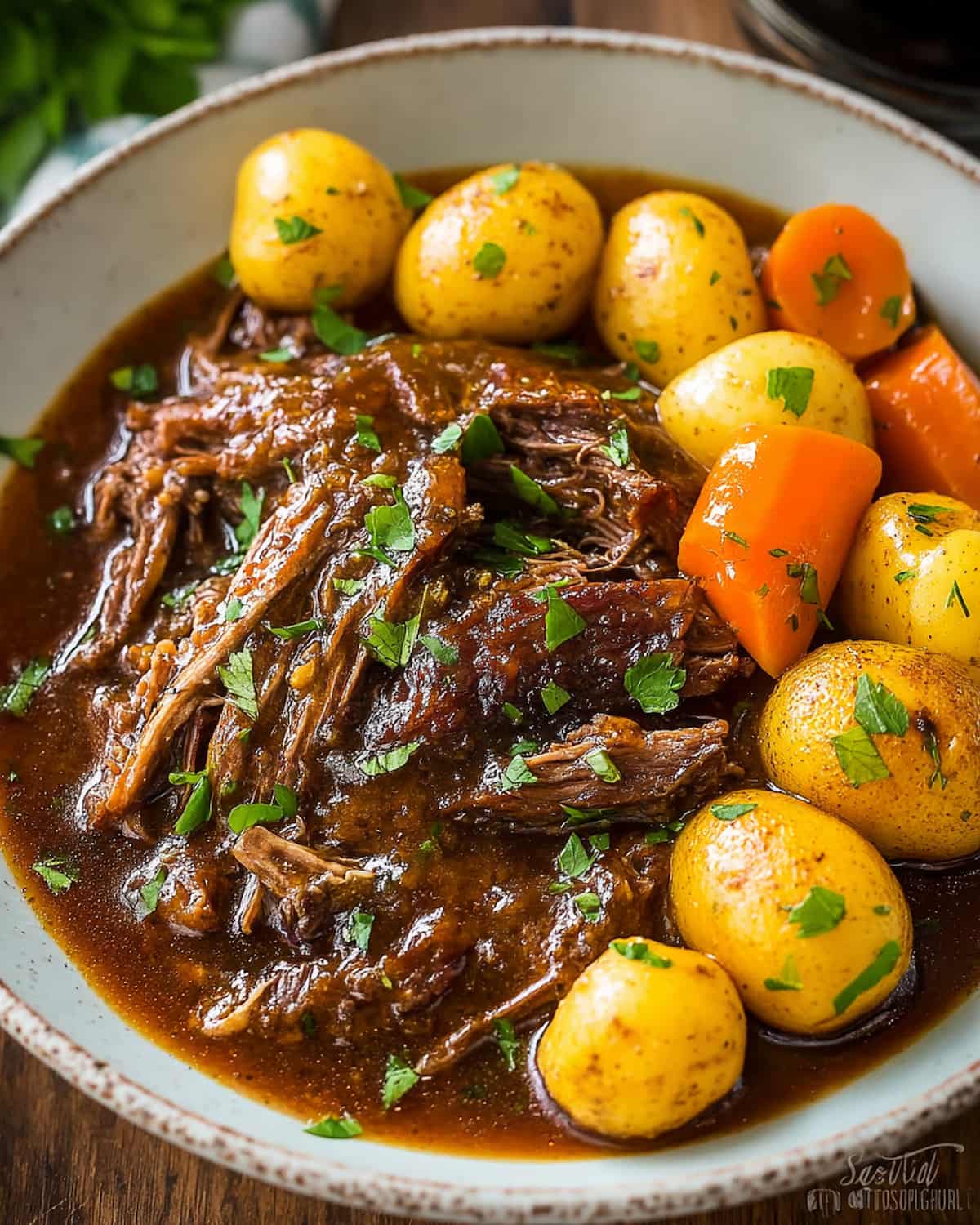 Chuck roast gravy Instant Pot with baby potatoes, carrots, and shredded beef in a rich, savory sauce, garnished with fresh parsley.
