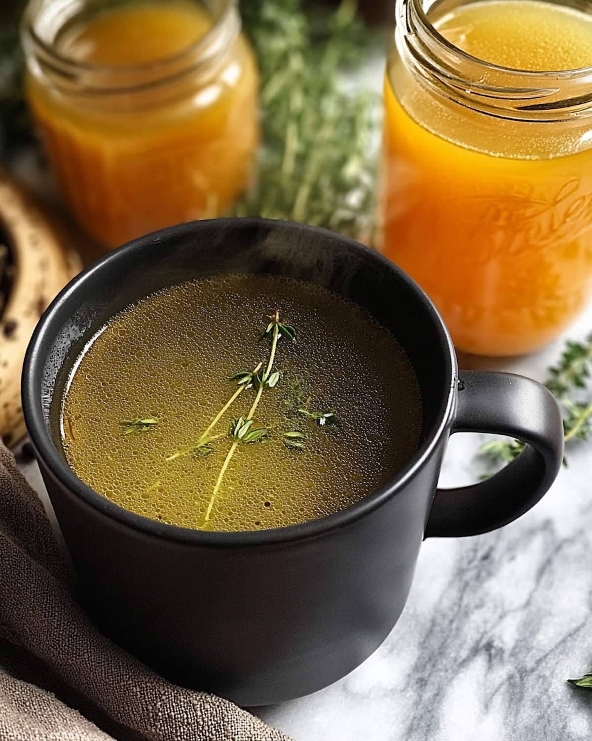 Instant Pot broth with herbs, garnished with fresh thyme.