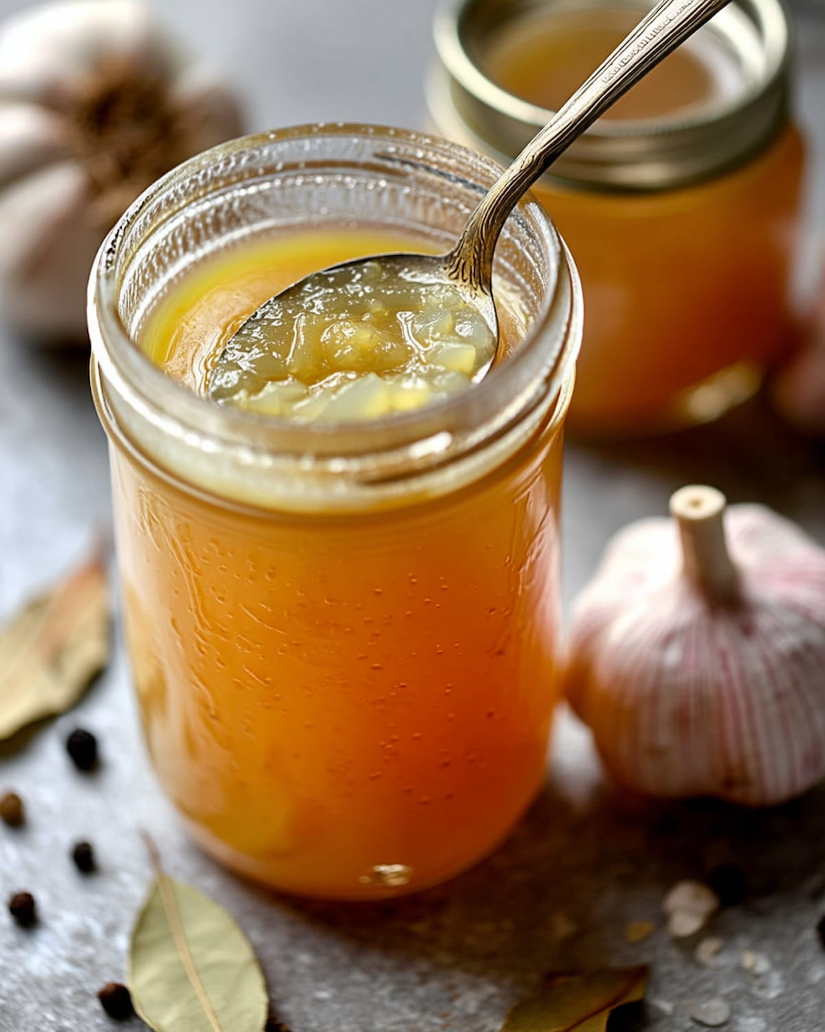 Instant Pot bone broth with garlic and herbs, shown.