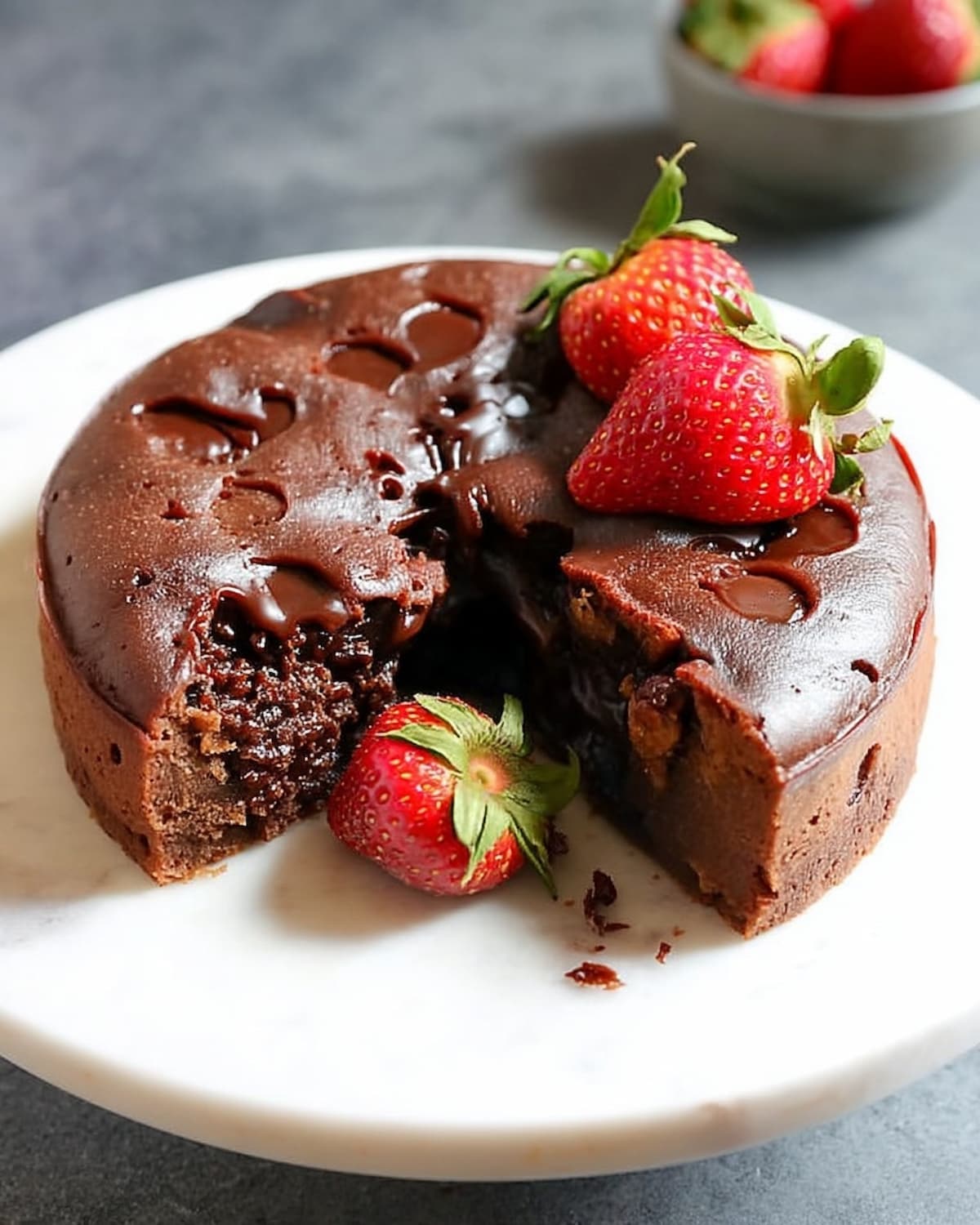 Instant Pot brownies topped with fresh strawberries.