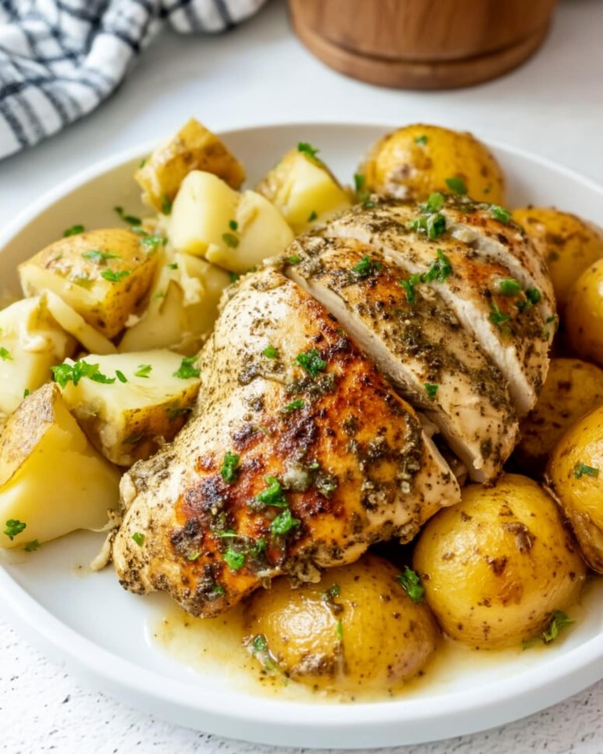 Instant Pot chicken breast with potatoes, garnished with fresh herbs.