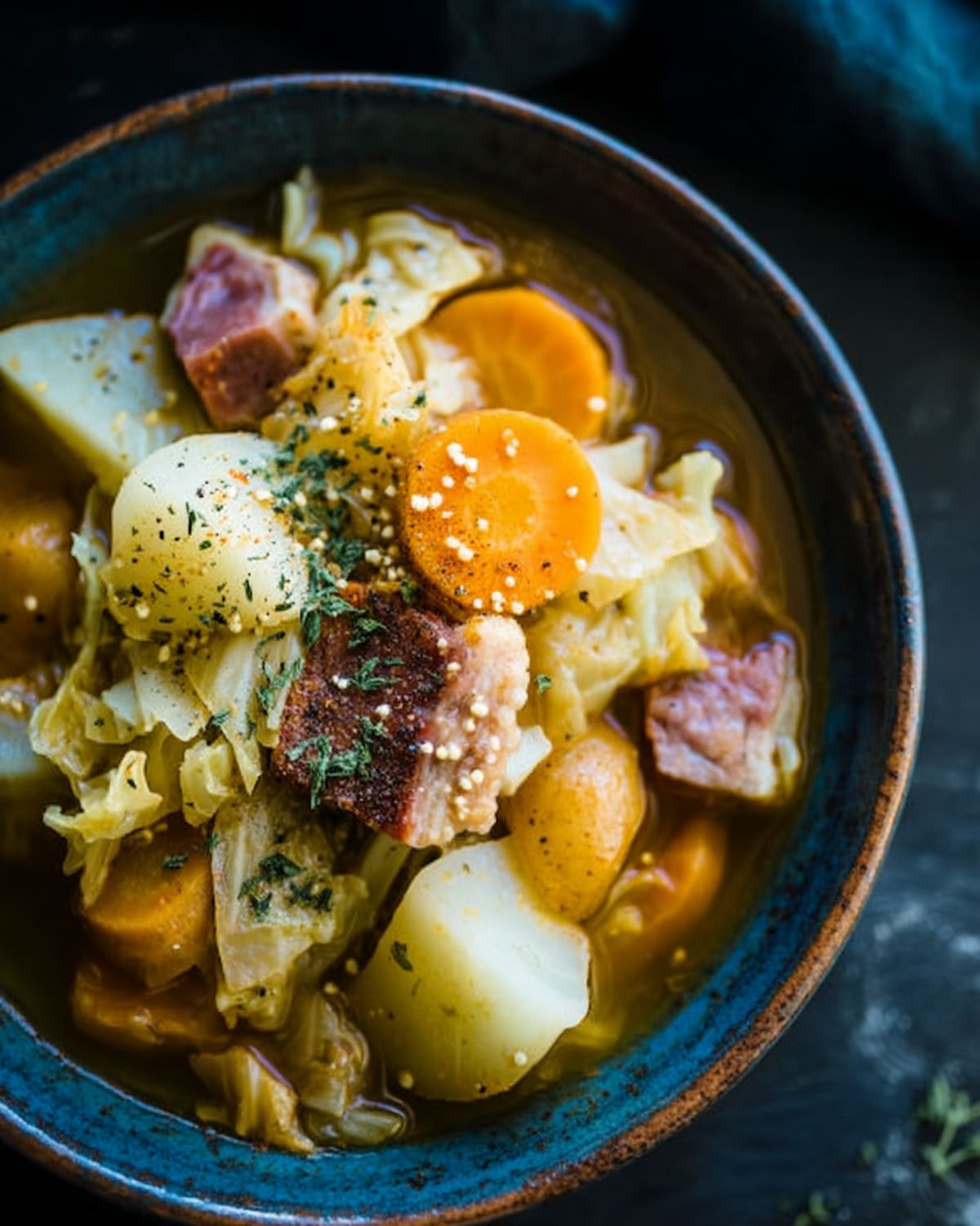 Instant Pot corned beef and cabbage soup with tender potatoes, carrots, and herbs.