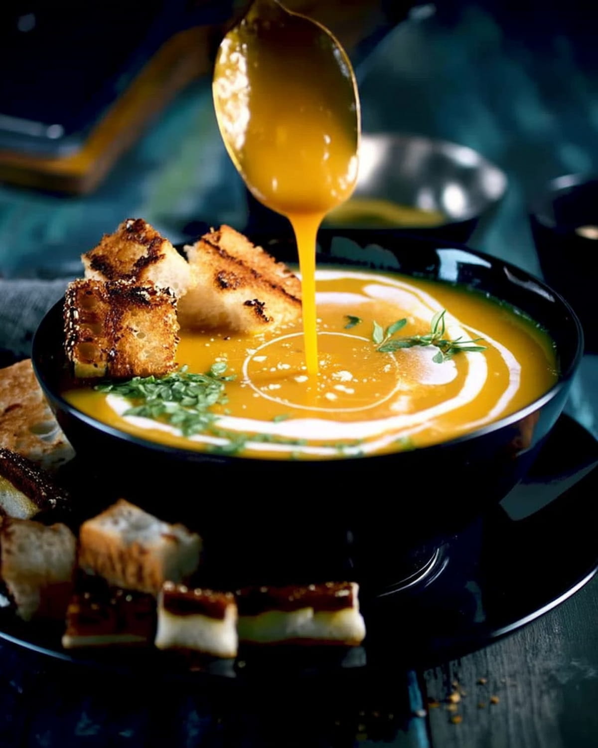 Instant Pot potato and carrot soup, topped with fresh herbs, a swirl of cream, and crunchy croutons.