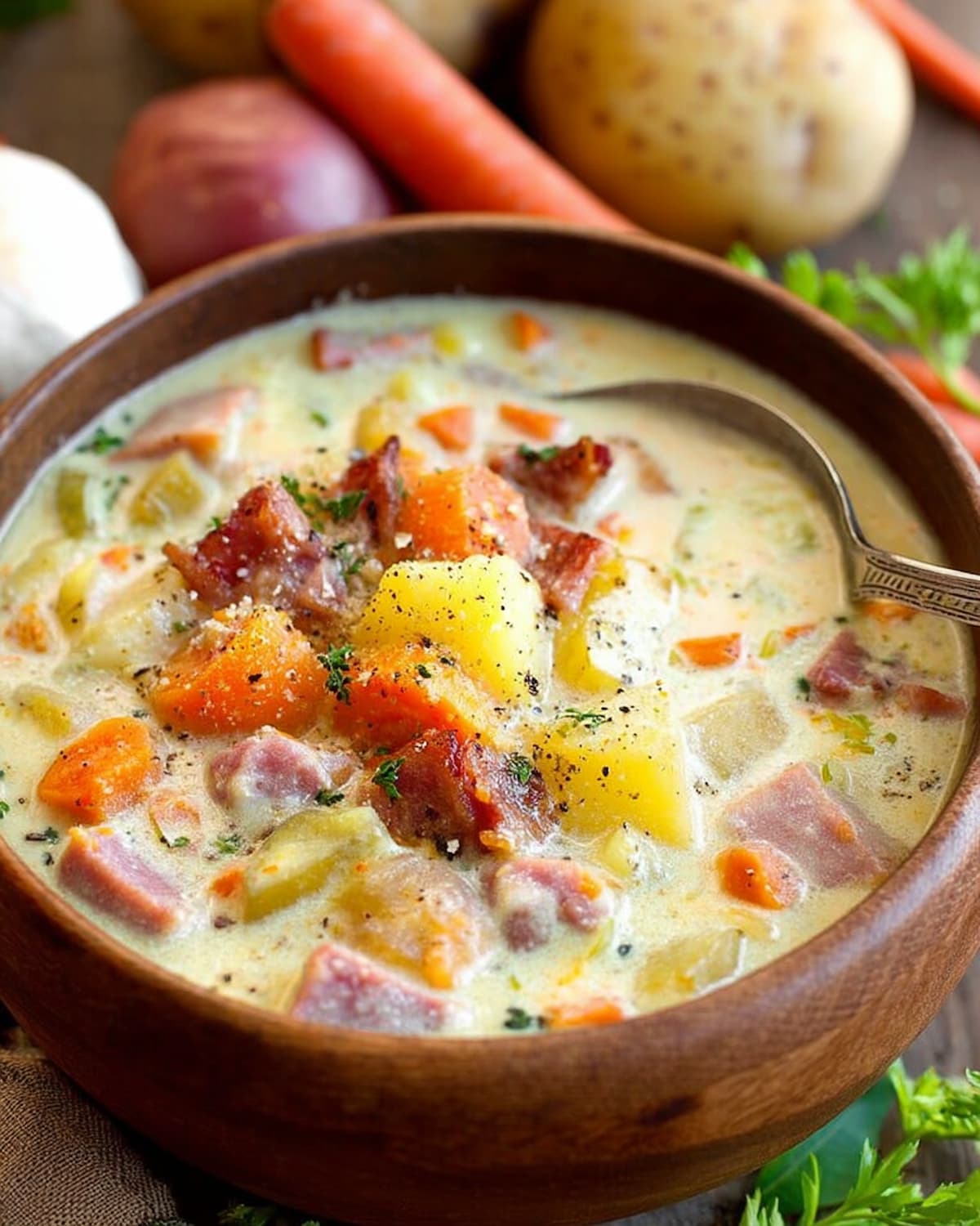 Instant Pot potato soup with chunks of ham, carrots, and tender potatoes.