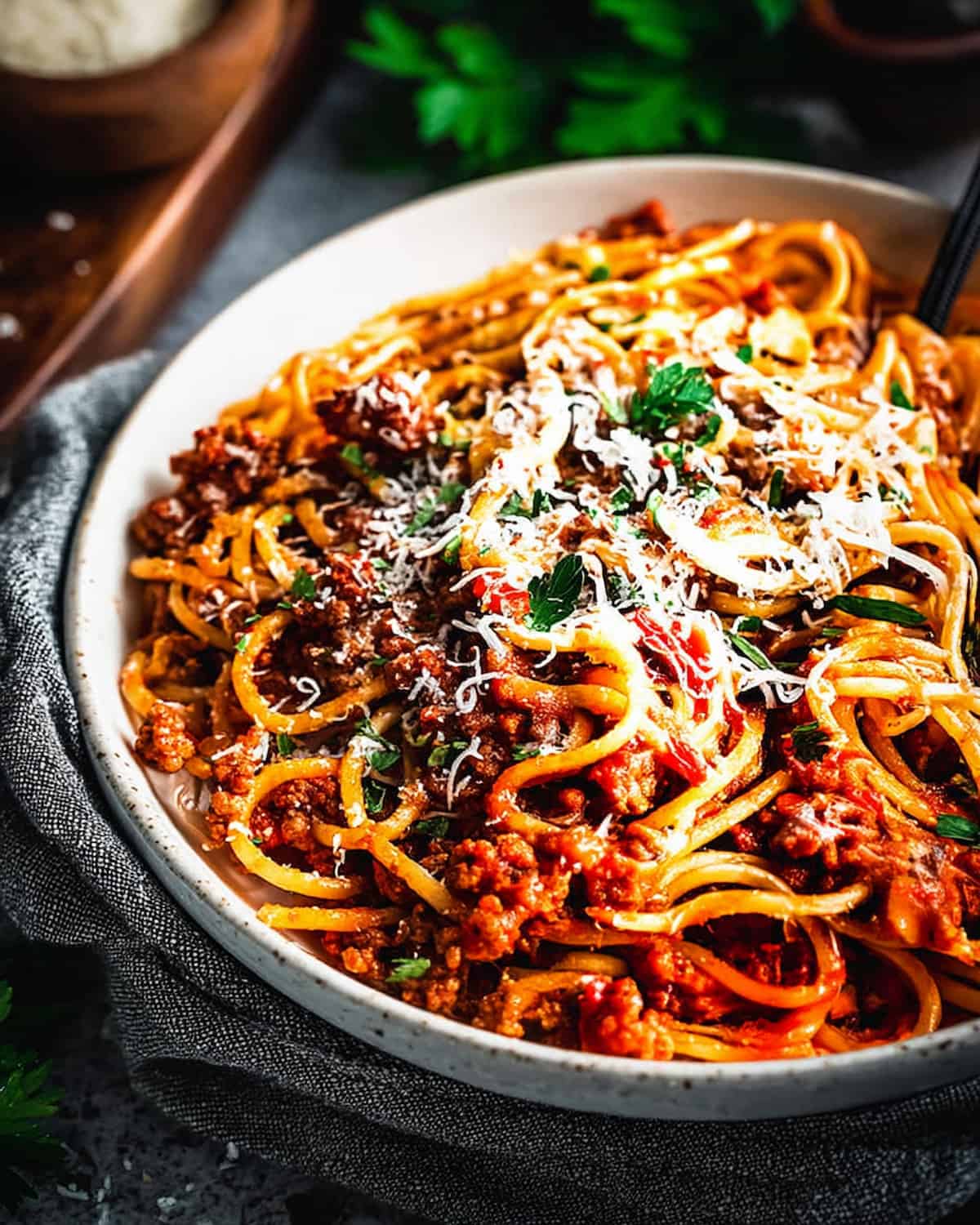 Instant Pot spaghetti bolognese with rich meat sauce.