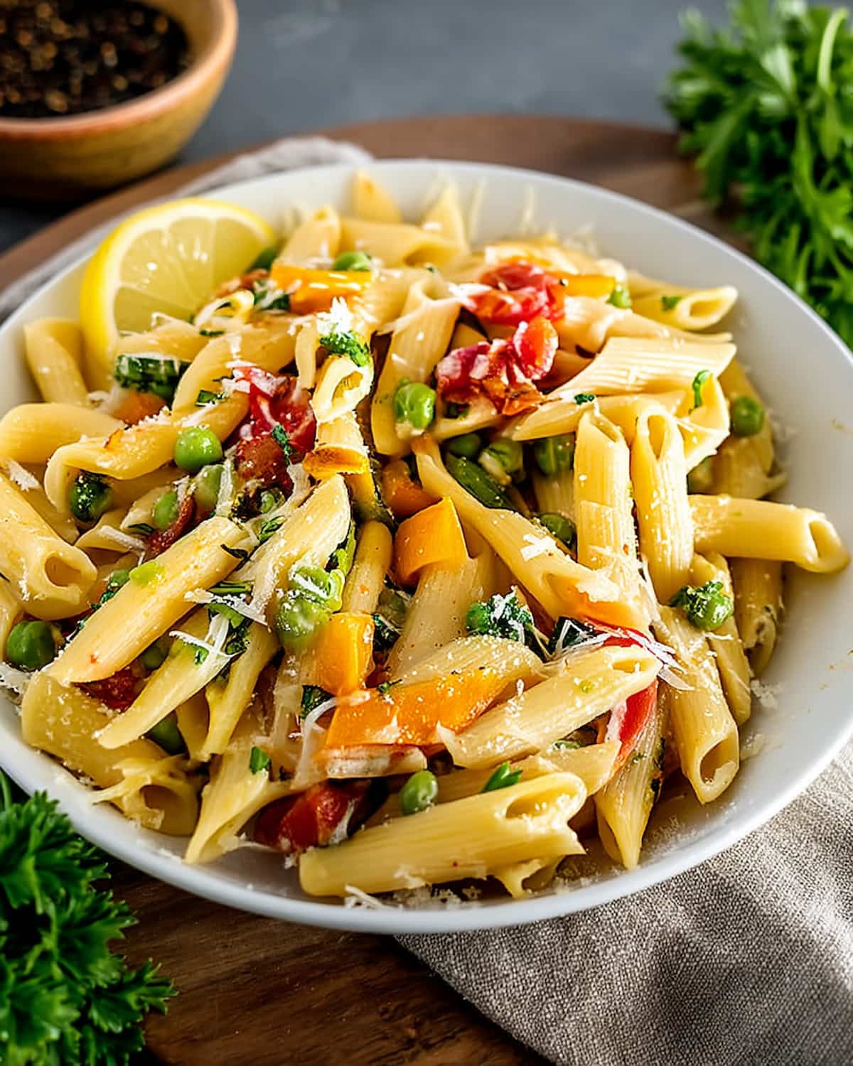 Instant Pot pasta primavera with penne, fresh vegetables, Parmesan.