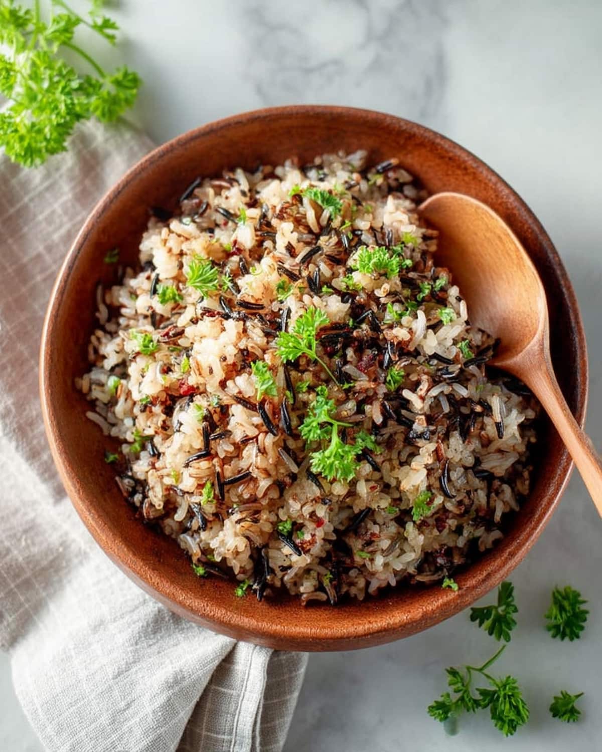 Instant Pot wild rice, garnished with fresh parsley.