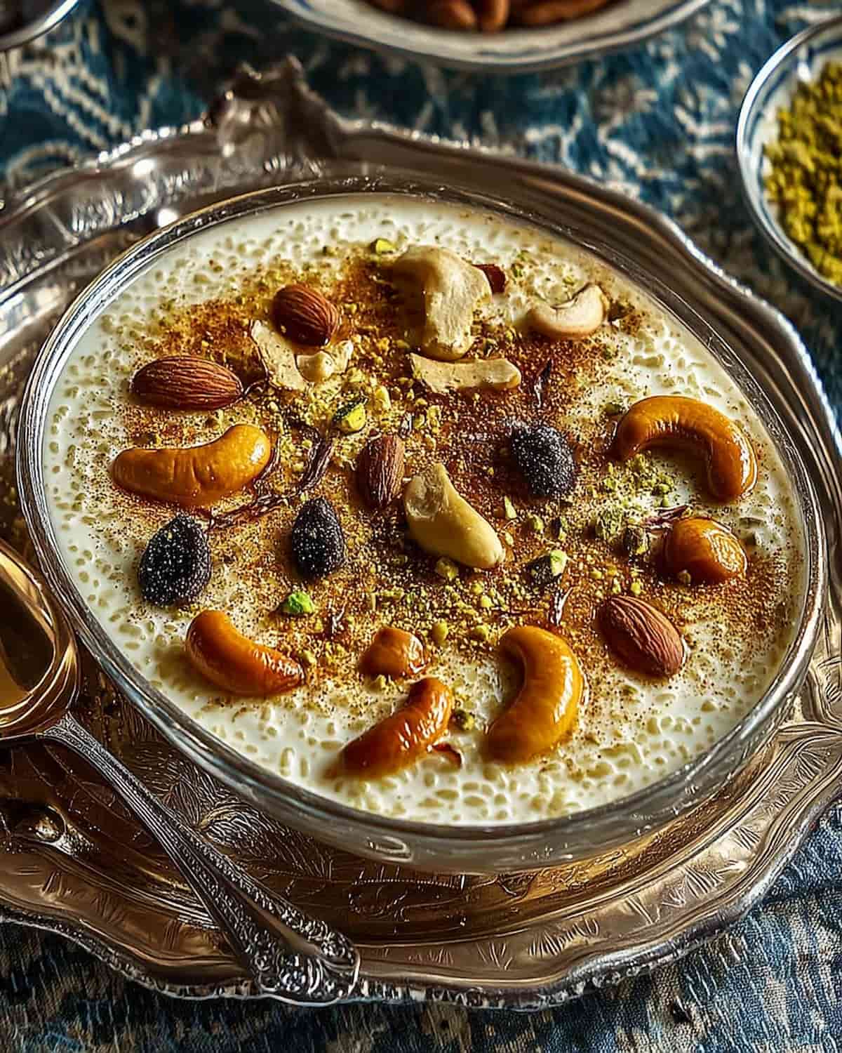 quinoa pudding Instant Pot topped with cashews, almonds, pistachios, and a sprinkle of cinnamon.