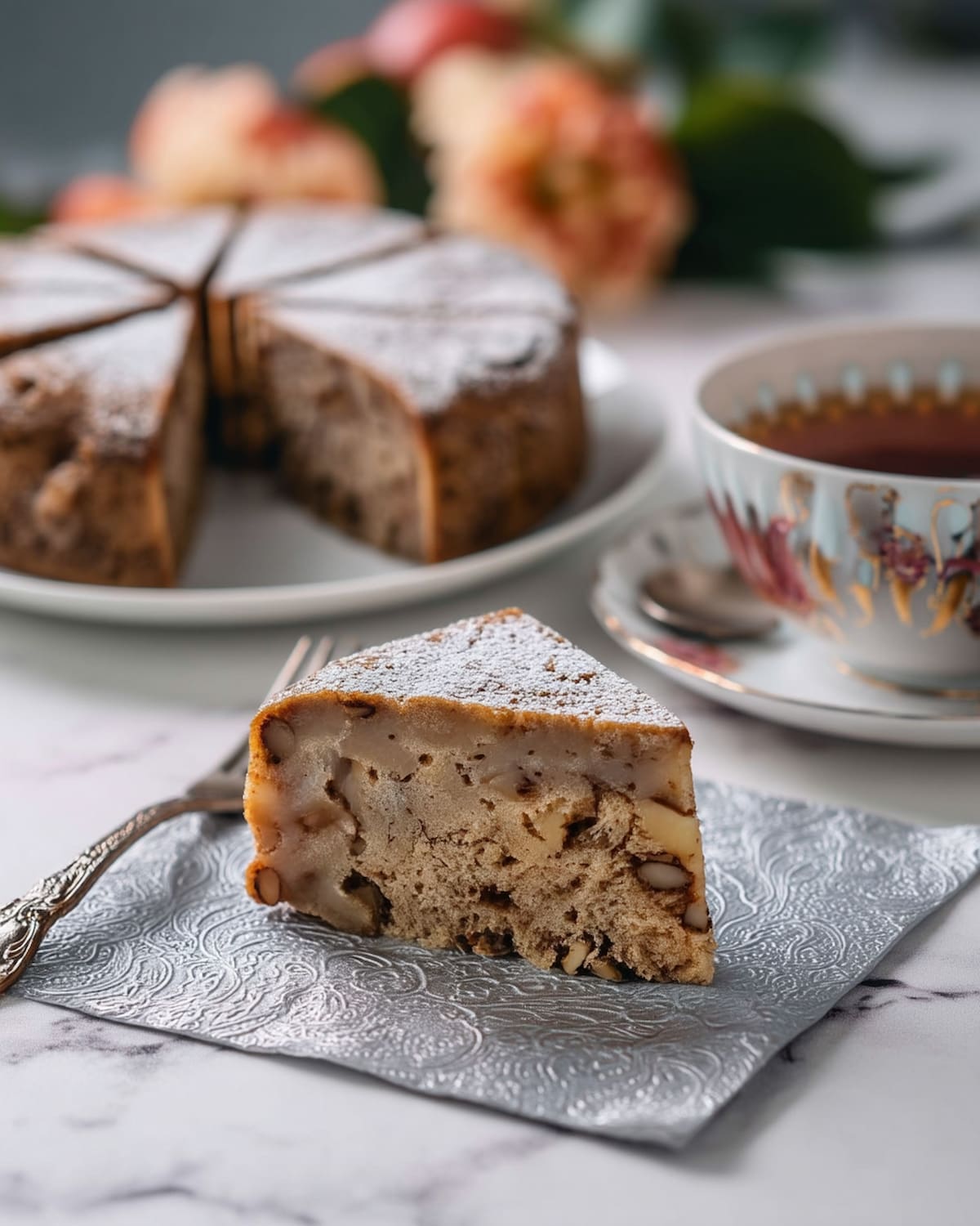 Instant Pot banana bread with chopped nuts, lightly dusted with powdered sugar.