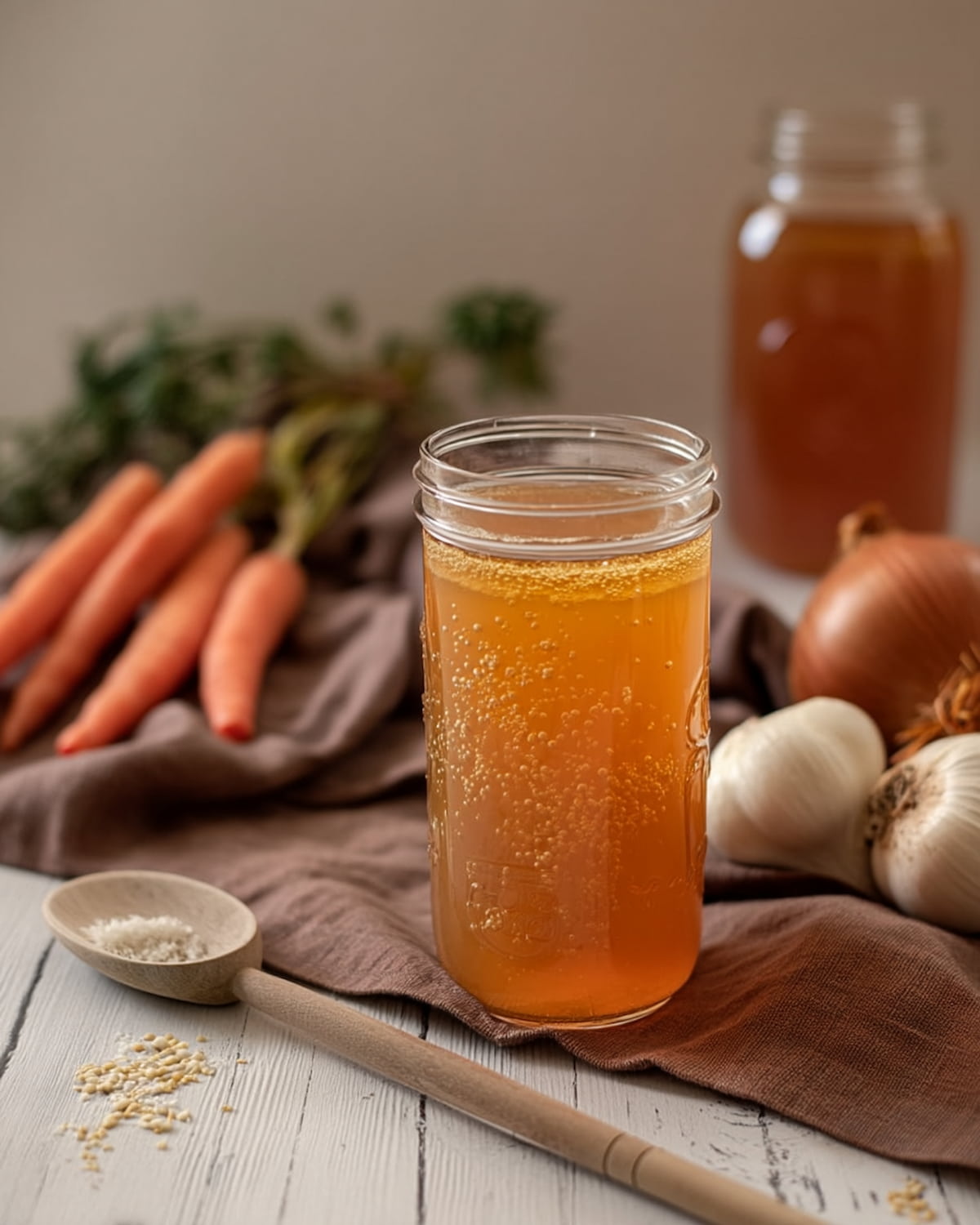 Instant Pot beef bone broth surrounded by fresh carrots, garlic, and onion.