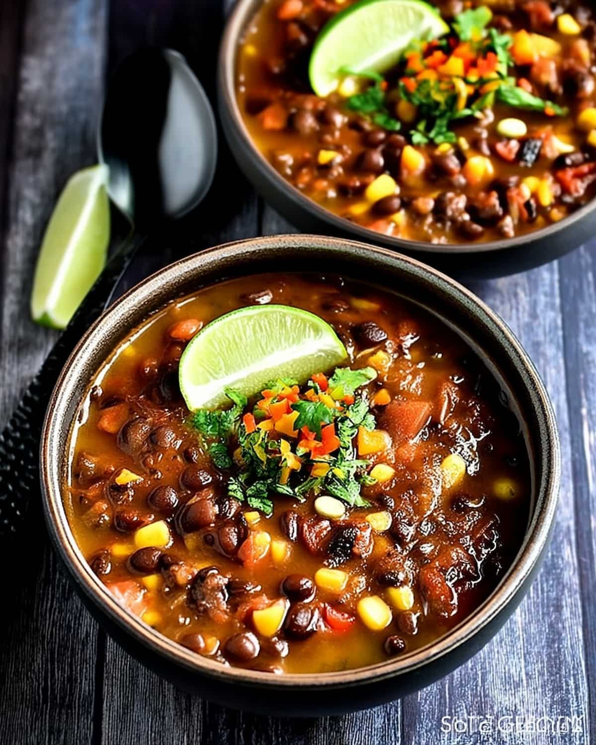 Instant Pot black beans chili with corn, tomatoes, and peppers, topped with fresh cilantro.