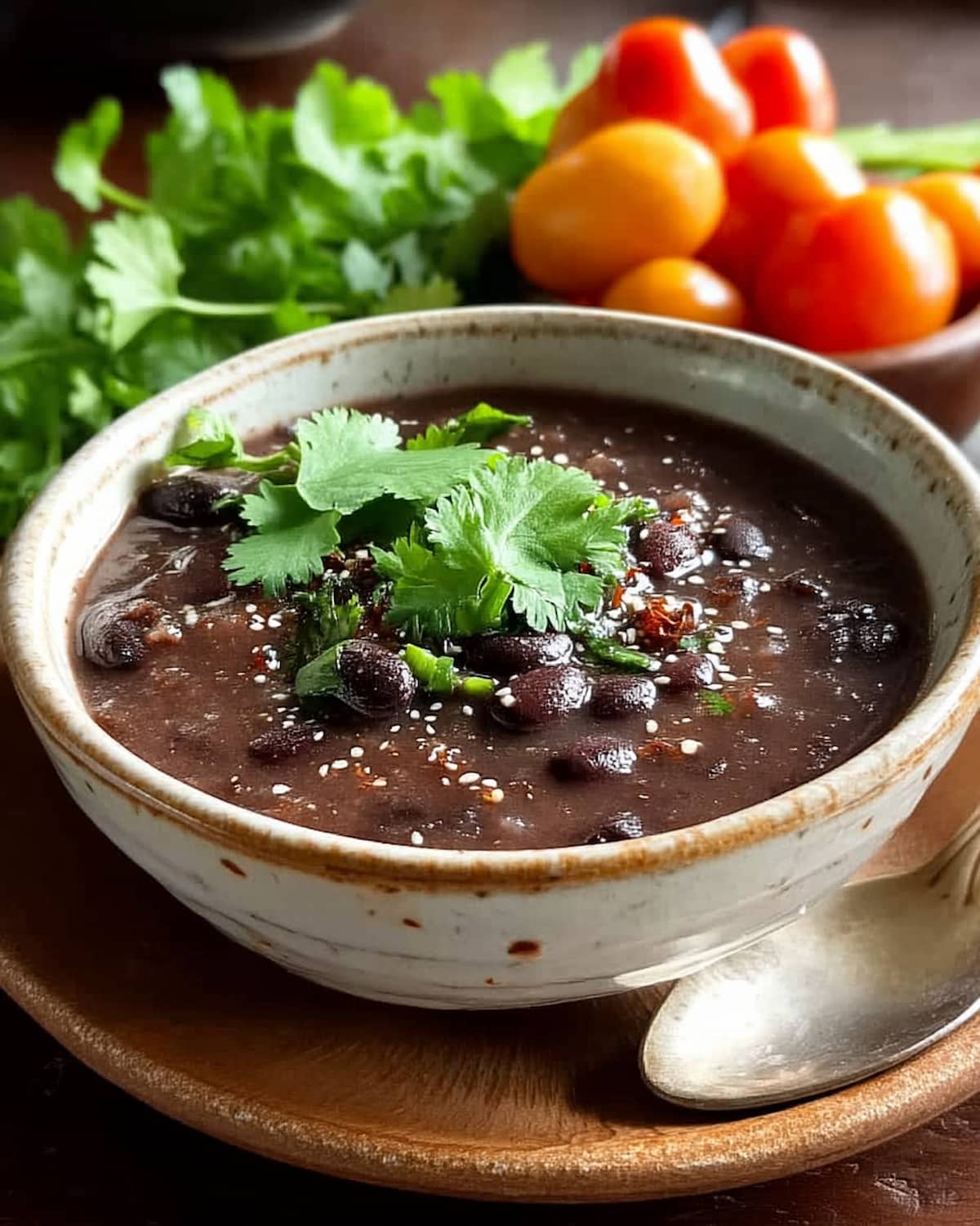 Instant Pot black beans soup topped with fresh cilantro and sesame seeds.