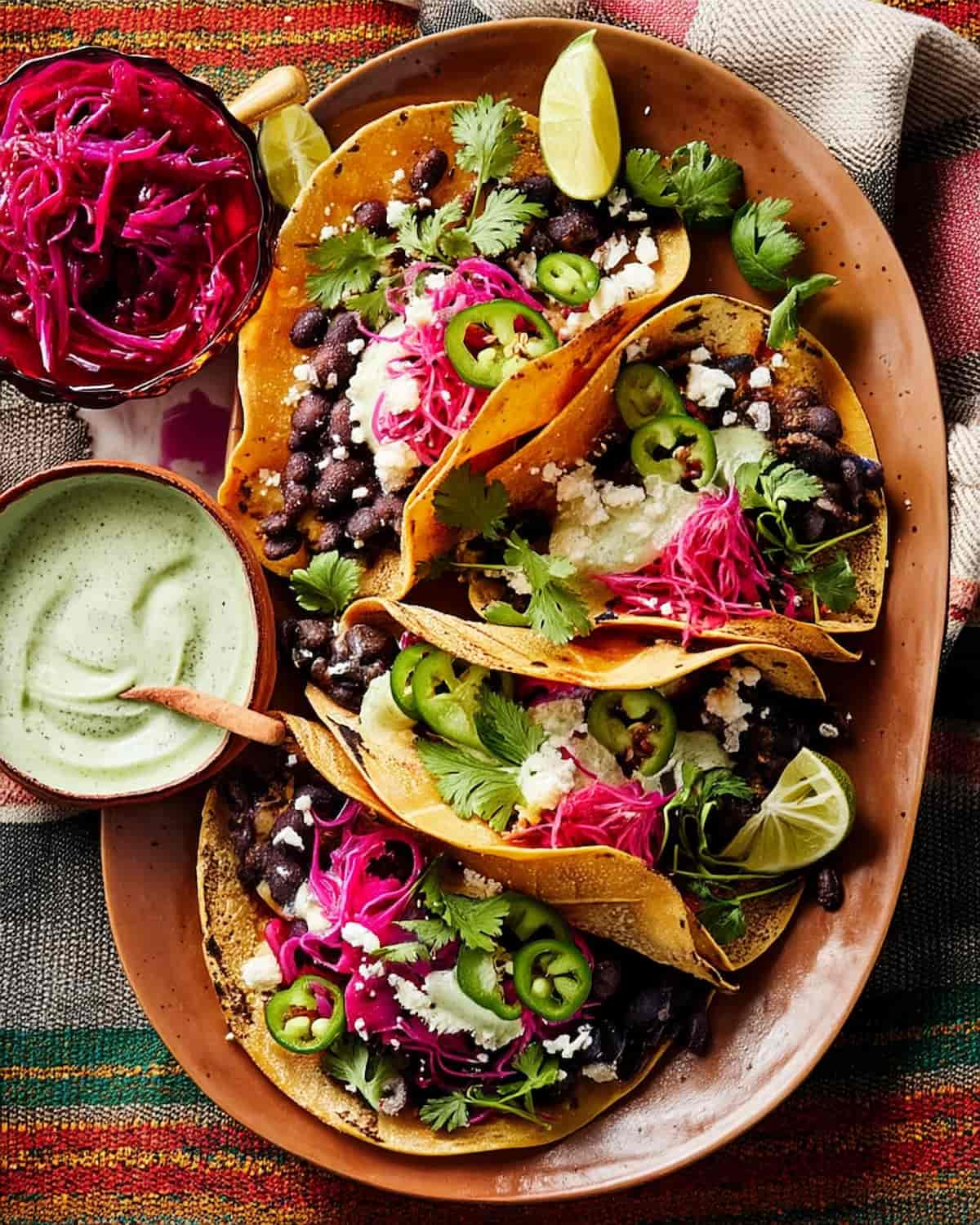 Colorful tacos black beans Instant Pot garnished with pickled cabbage.