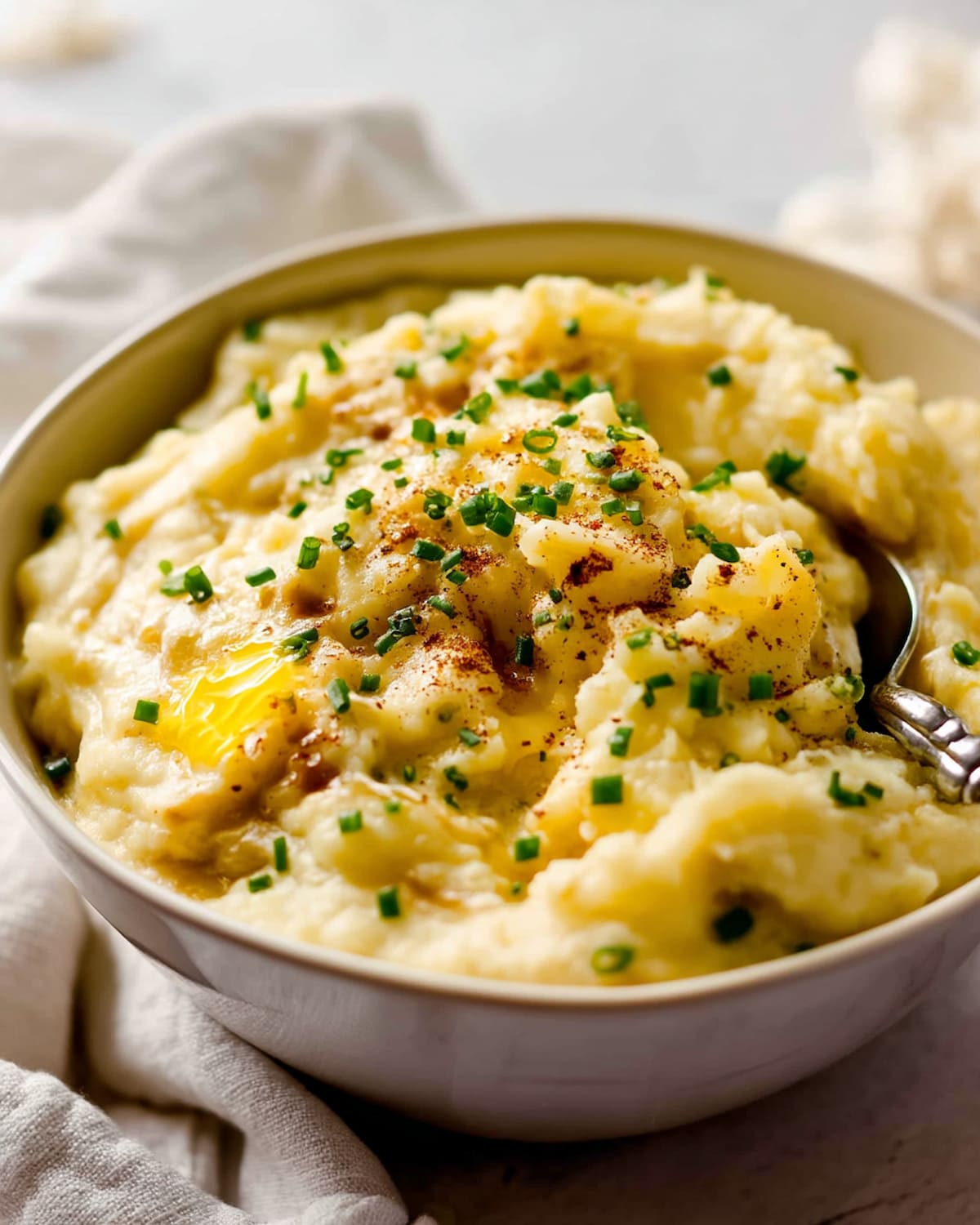 Instant Pot garlic mashed potatoes, topped with melted butter, chopped chives.