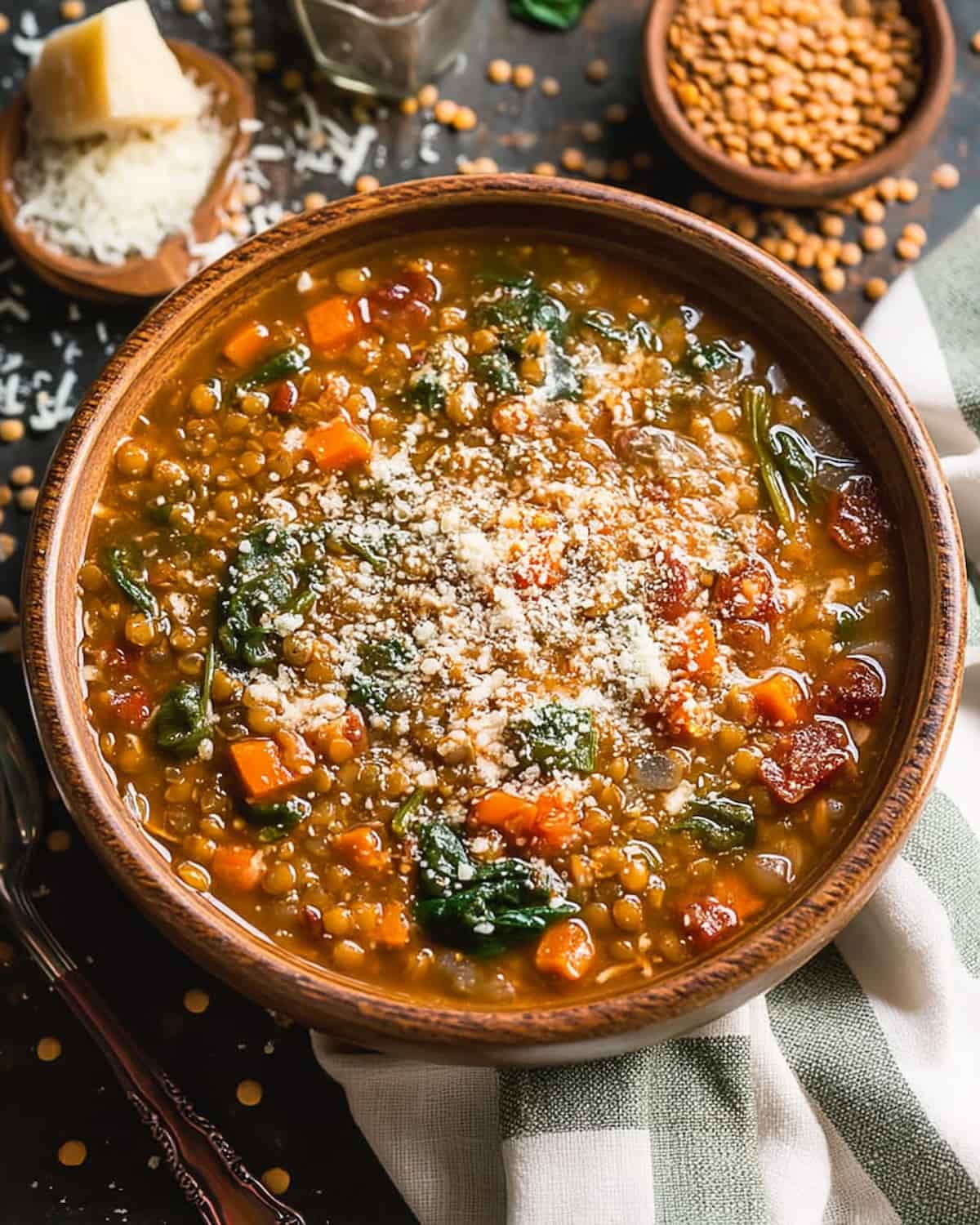 Instant Pot lentil soup with carrots, spinach, and tomatoes, topped with grated cheese for a warm.
