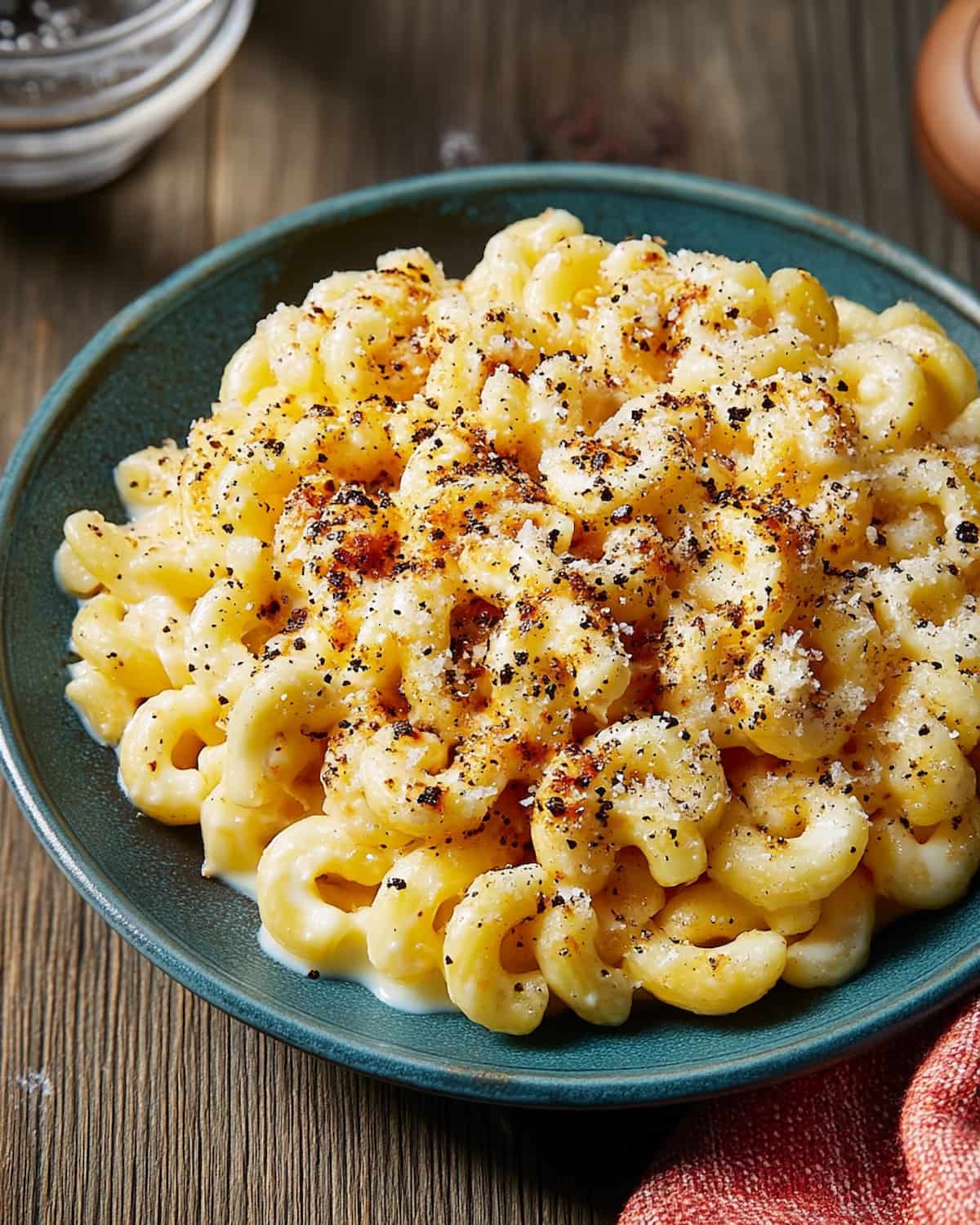 Instant Pot mac and cheese topped with black pepper and breadcrumbs.