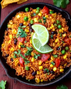 Instant Pot Mexican rice with salsa, black beans, corn, peas, tomatoes, fresh cilantro, and lime.