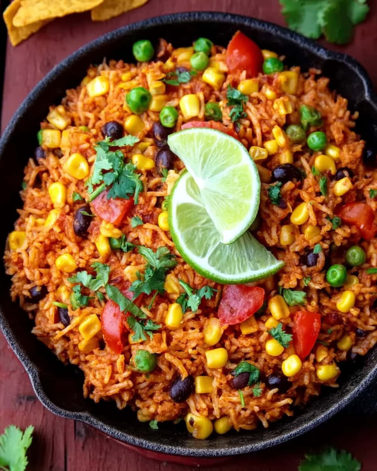 Instant Pot Mexican rice with salsa, black beans, corn, peas, tomatoes, fresh cilantro, and lime.