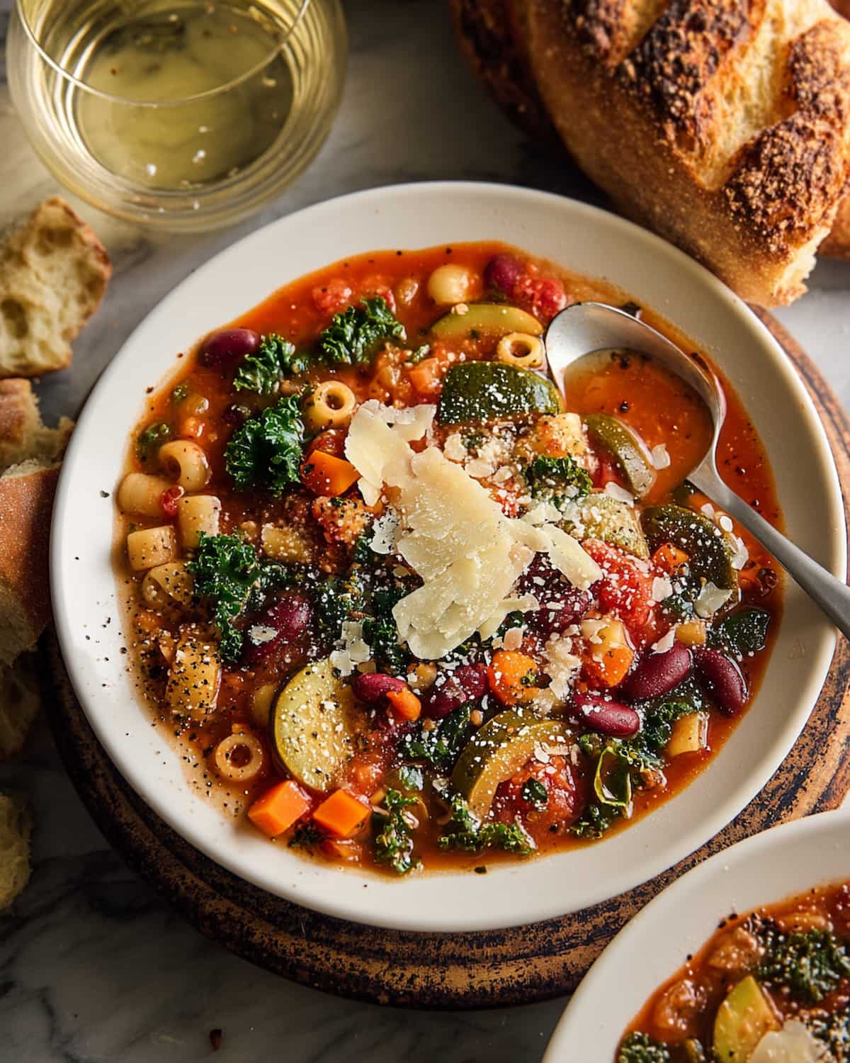 Instant Pot Minestrone Soup with pasta, beans, and vegetables in tomato broth.
