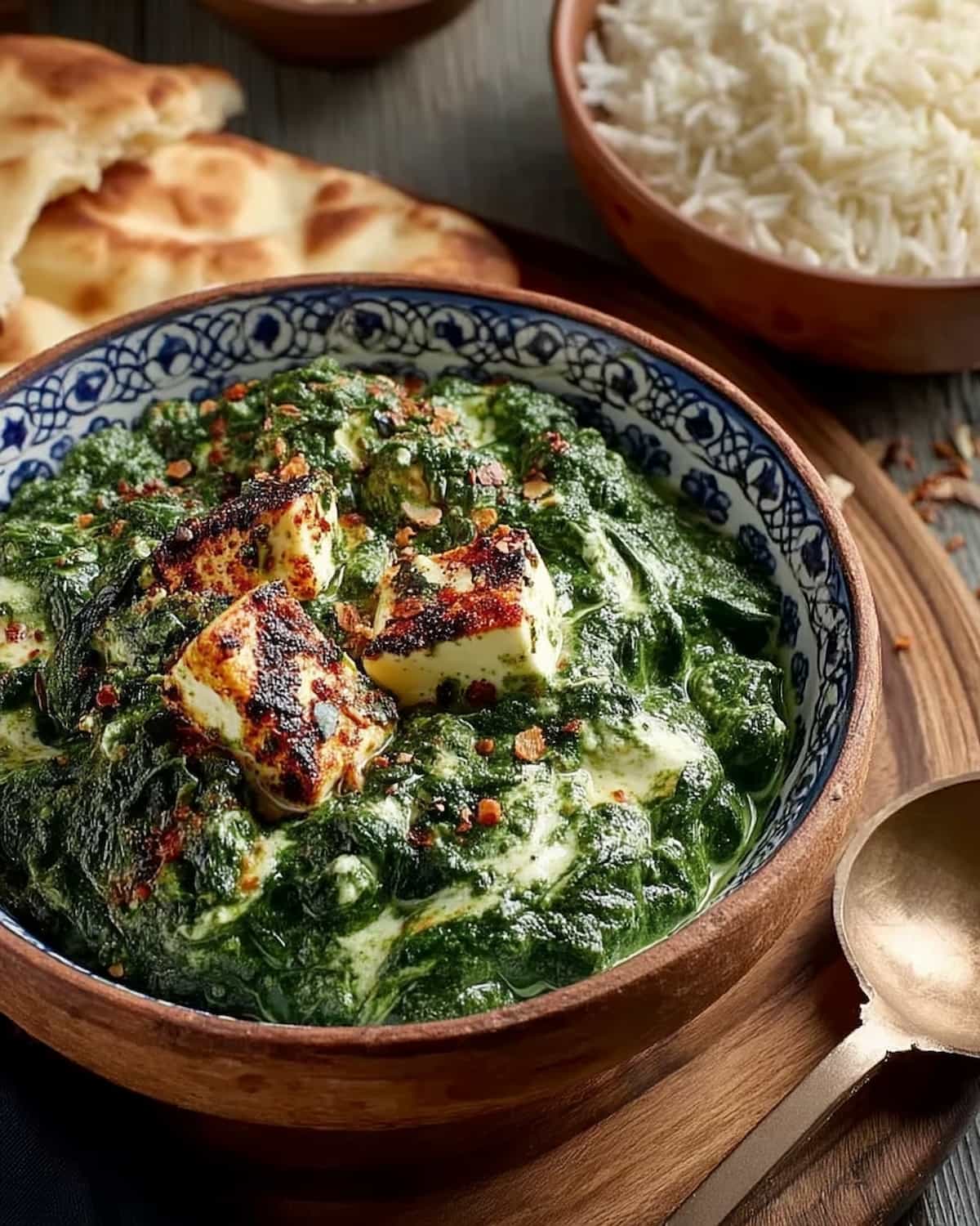 Instant Pot saag paneer with golden paneer cubes in spiced spinach curry.