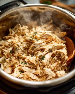 Instant Pot shredded chicken steaming hot, perfectly seasoned and pulled apar.