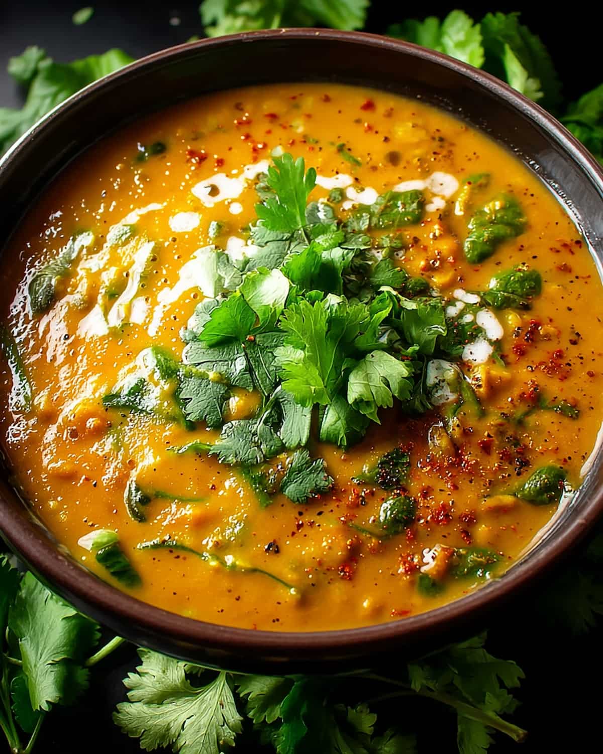 Instant Pot Thai lentil soup topped with fresh cilantro, coconut drizzle, and a sprinkle of chili flakes.