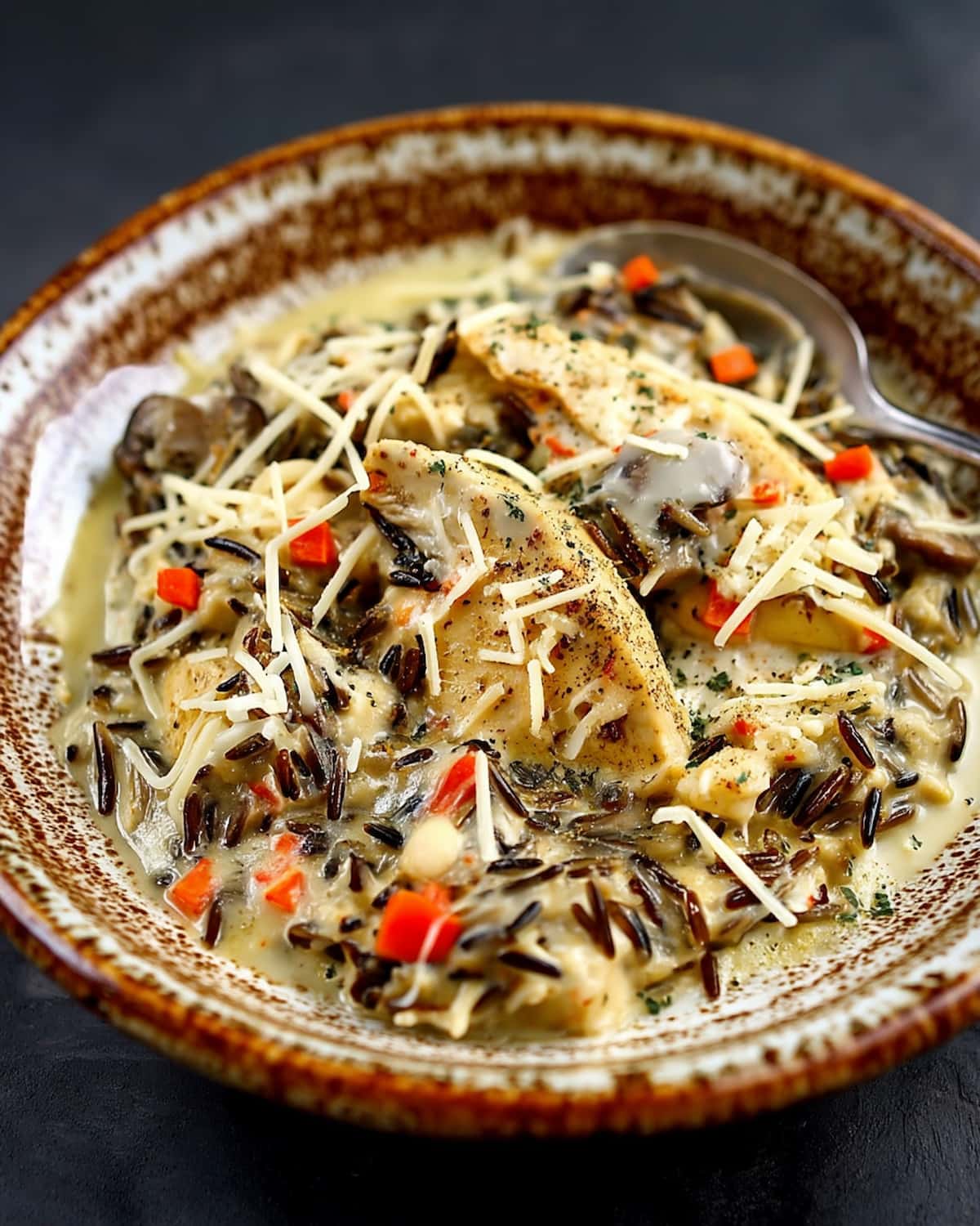 Instant Pot wild rice and chicken, with tender vegetables, rich broth, and a topping of shredded cheese and fresh herbs.