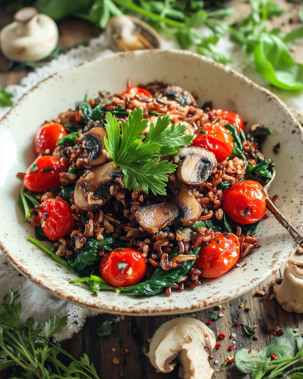 Instant Pot wild rice salad with mushrooms, cherry tomatoes, and spinach, topped with fresh parsley.