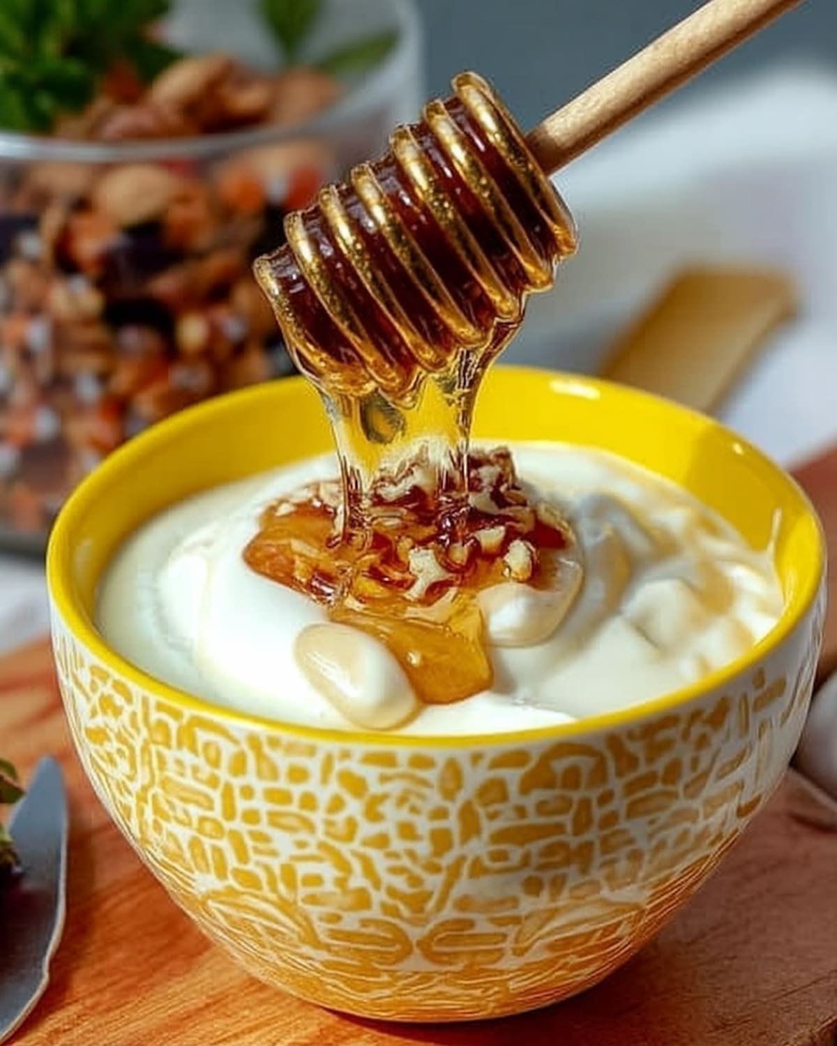 Instant Pot yogurt honey topped with nuts and drizzled with golden honey.