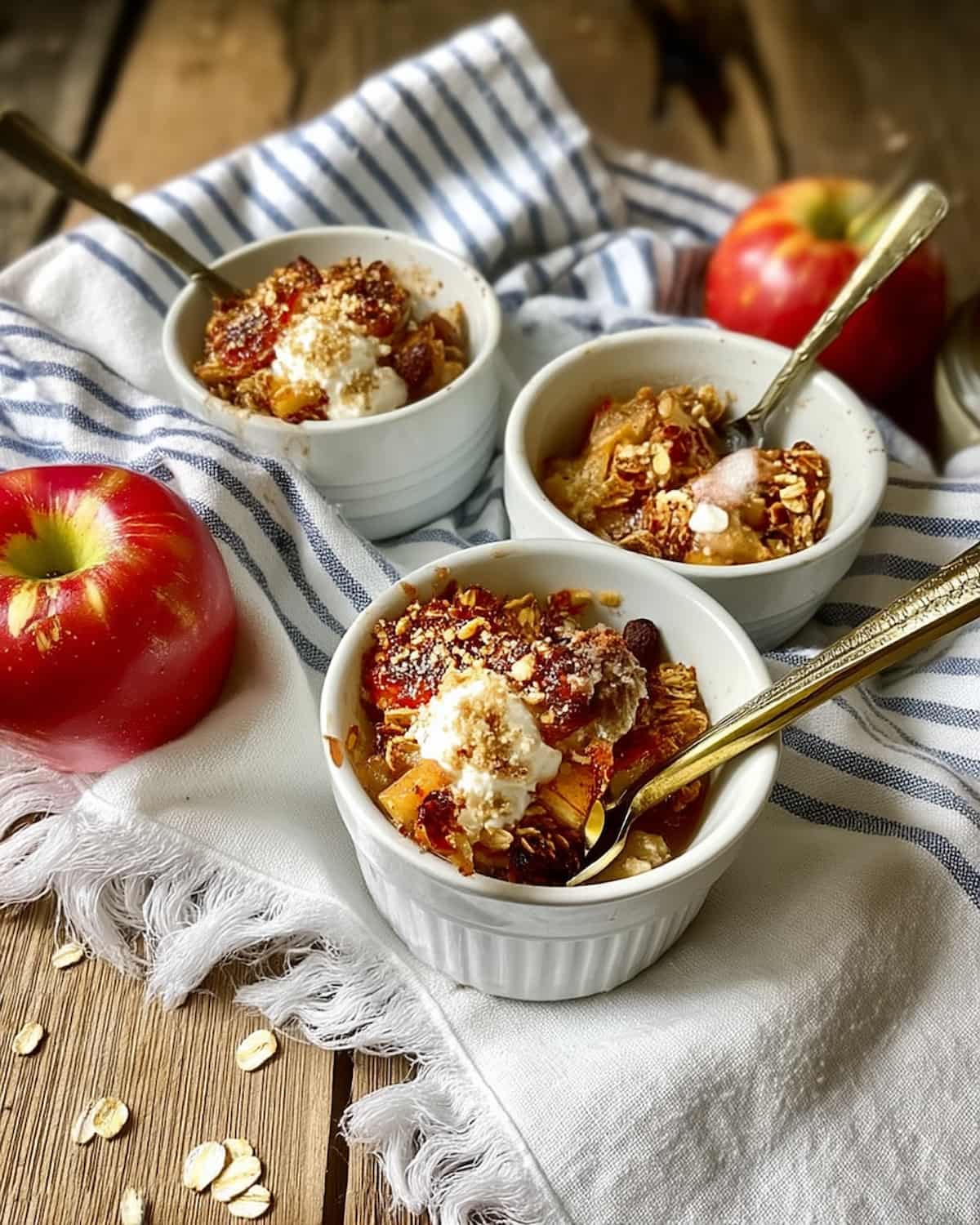 Quinoa apple crisp Instant Pot topped with oats, baked apples, and a dollop of cream.