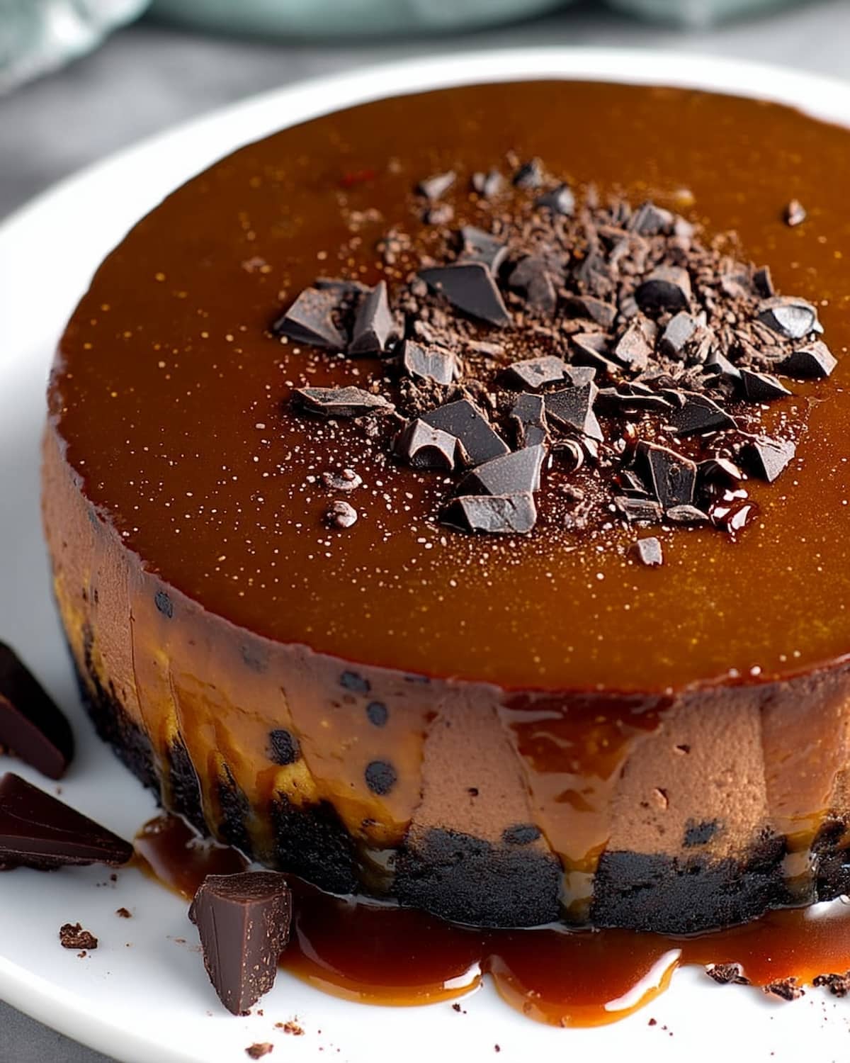 Instant Pot chocolate cheesecake with glossy caramel glaze, chocolate crust, and chunks of dark chocolate.
