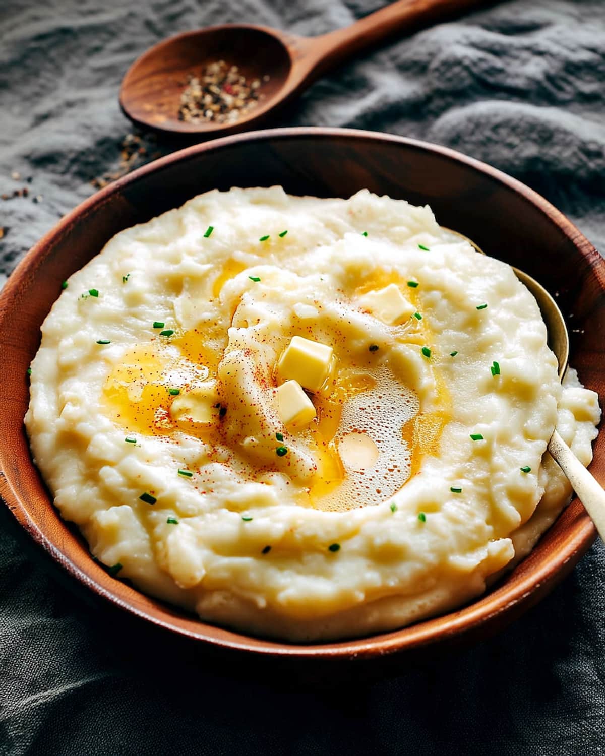 Instant Pot Herb infused Mashed Potatoes in a brown bowl, topped with melted butter, black pepper, and fresh chives with a gold spoon.
