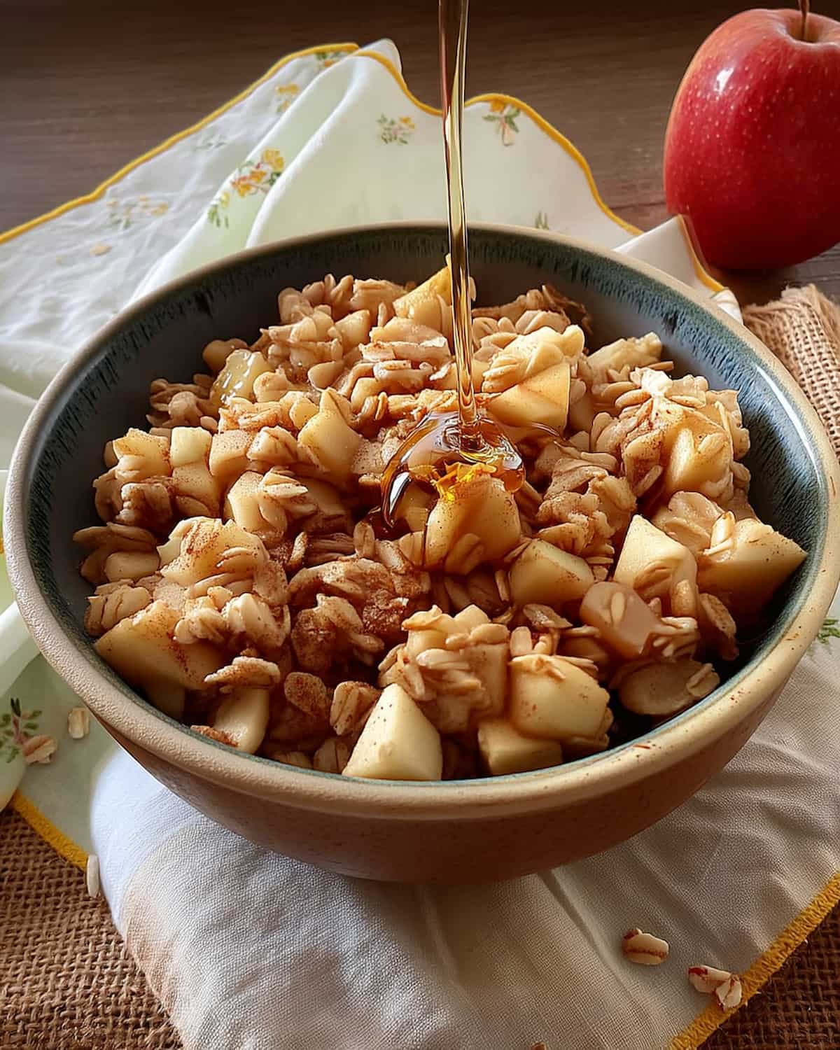 Instant Pot apple crisp topped with golden oats, diced apples, cinnamon, and a drizzle.