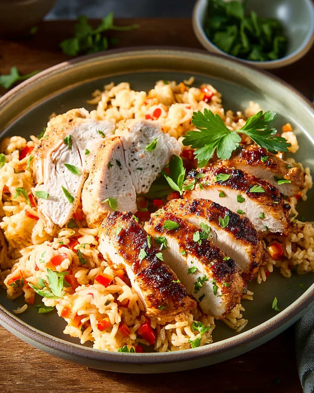 Instant Pot BBQ chicken and rice, with sliced grilled chicken on seasoned rice mixed with red peppers and fresh parsley.