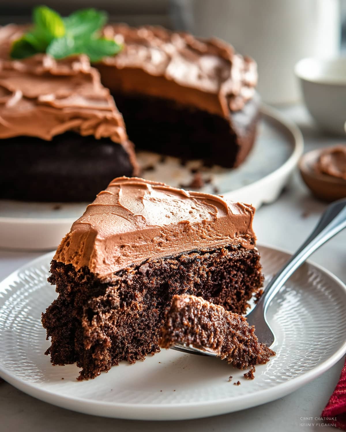 Instant Pot chocolate cake topped with creamy chocolate frosting, served on a plate with a fork for a rich.
