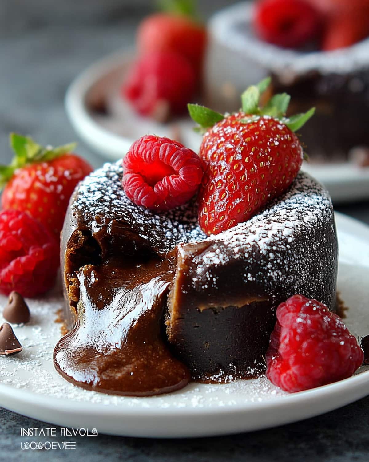 Instant Pot chocolate lava cake with molten center, dusted with powdered sugar and topped.
