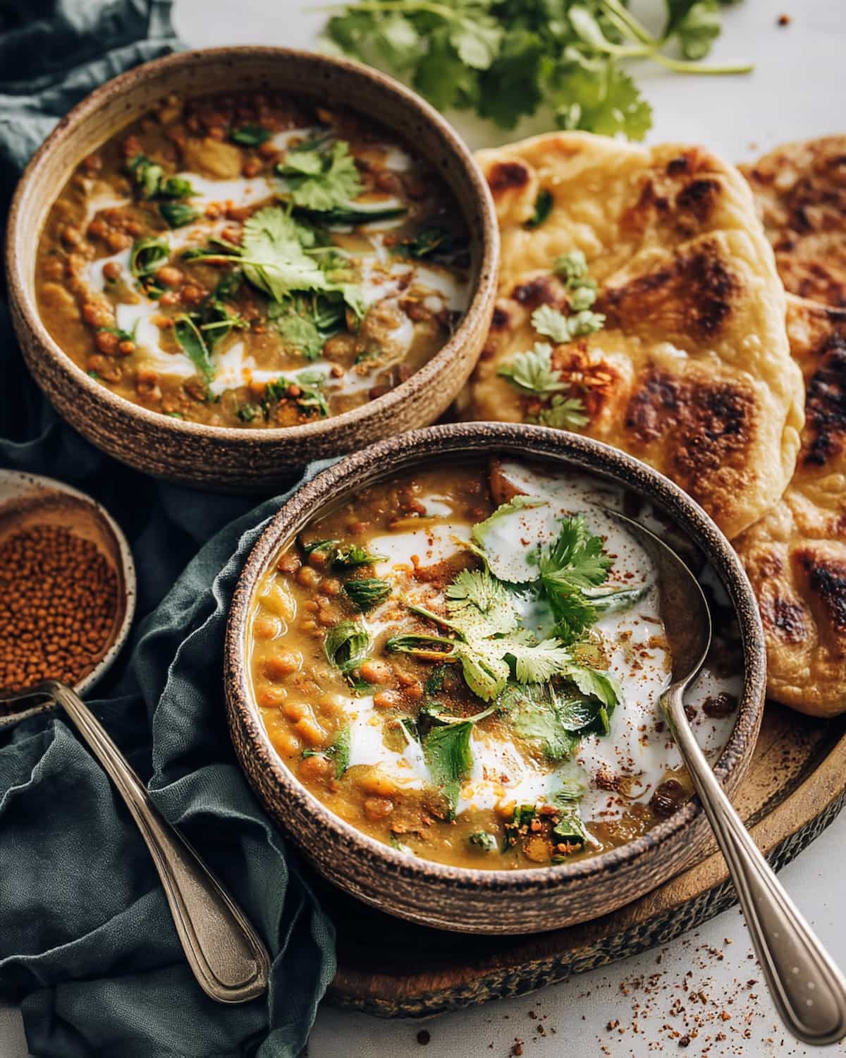 Instant Pot curried lentil soup topped with yogurt and fresh cilantro.