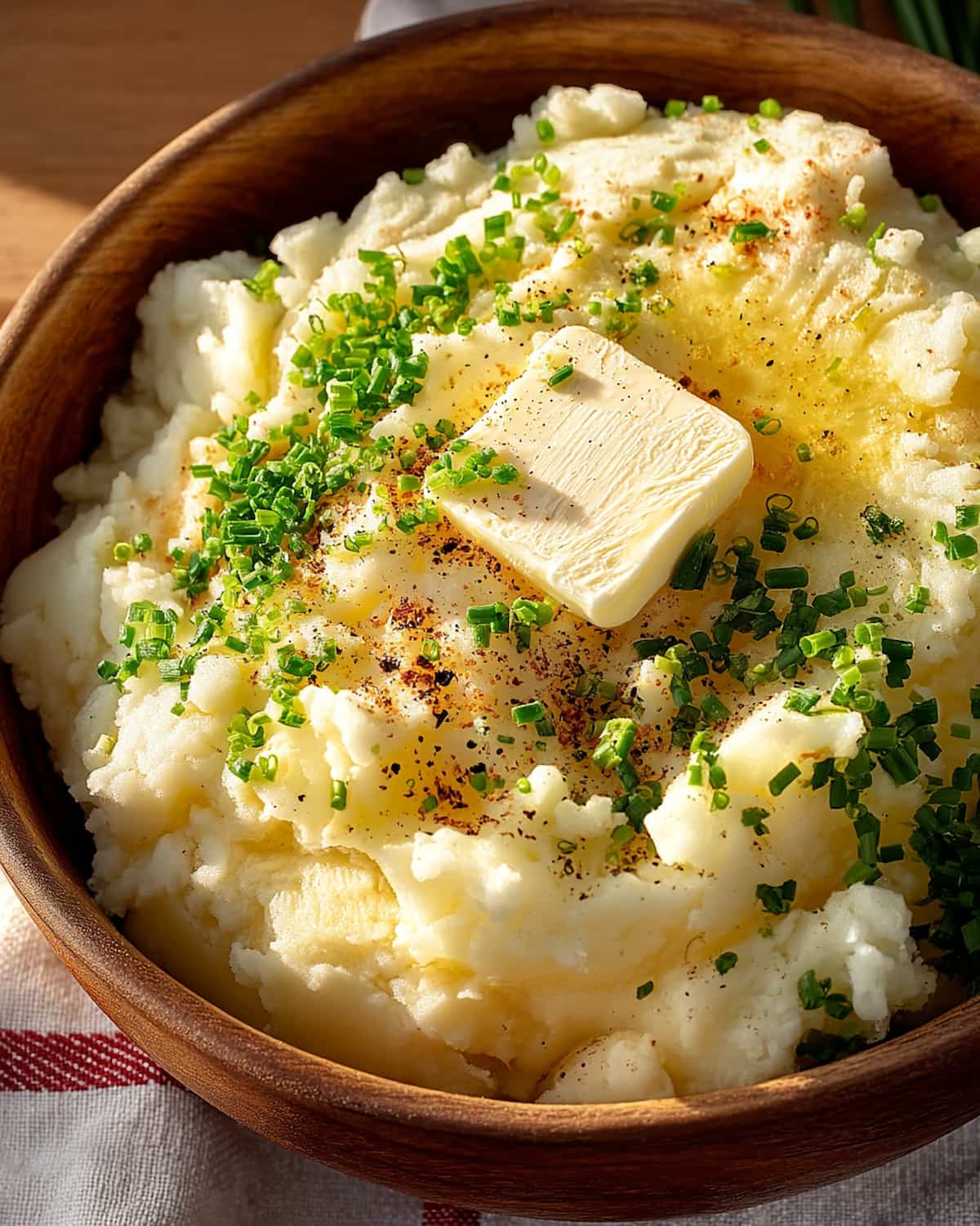 Instant Pot dairy free garlic mashed potatoes topped with chives, black pepper, and a pat of vegan butte.