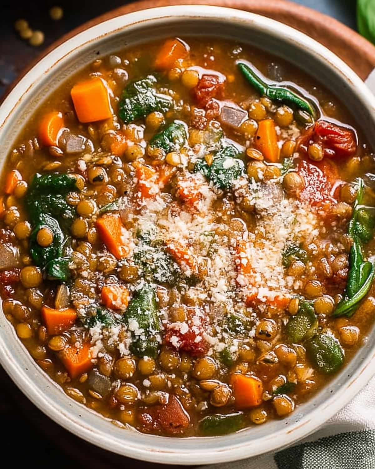Instant Pot lentil stew with carrots, spinach, and tomatoes, topped with grated cheese.
