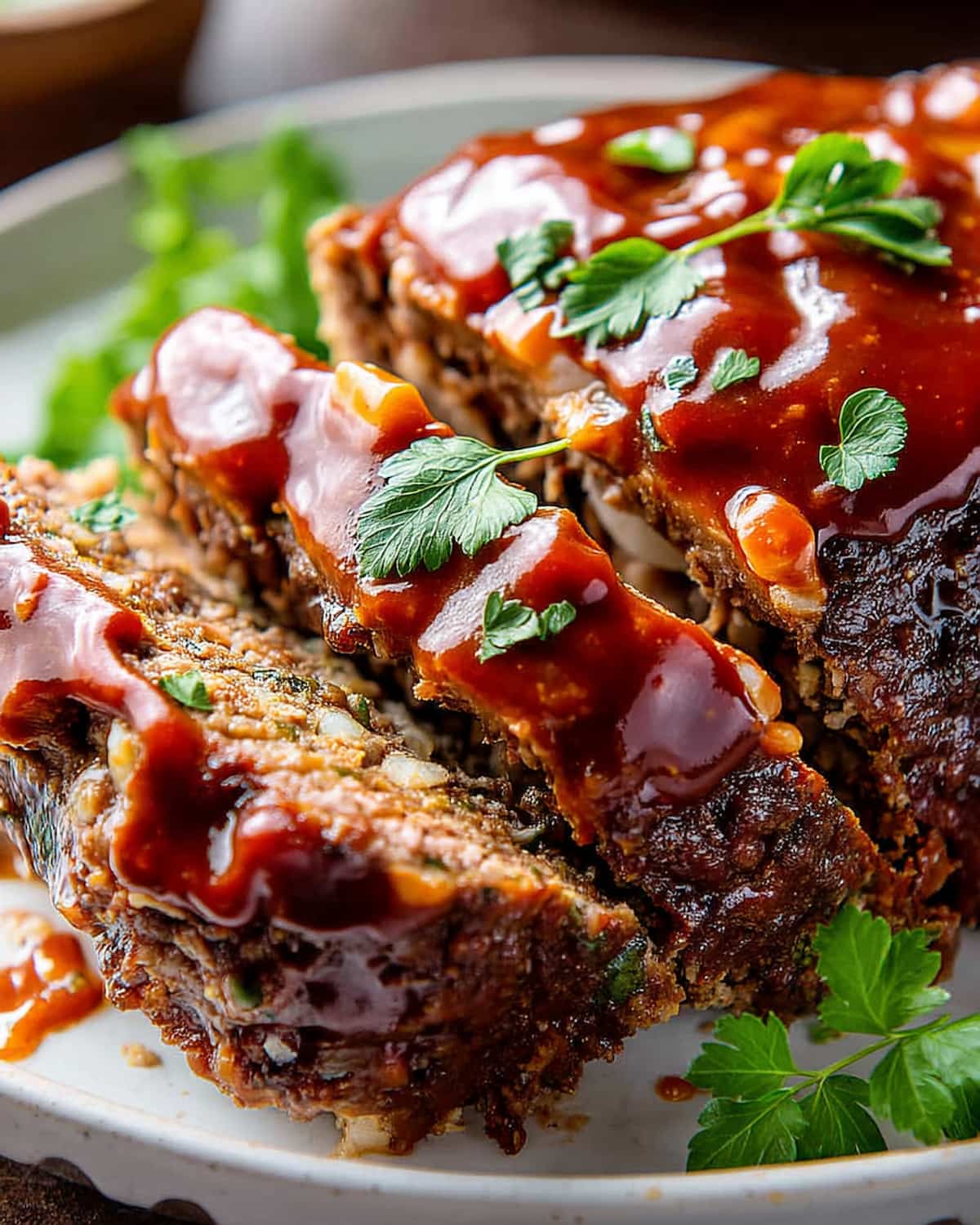 Instant Pot meatloaf topped with glossy barbecue glaze and fresh parsley.