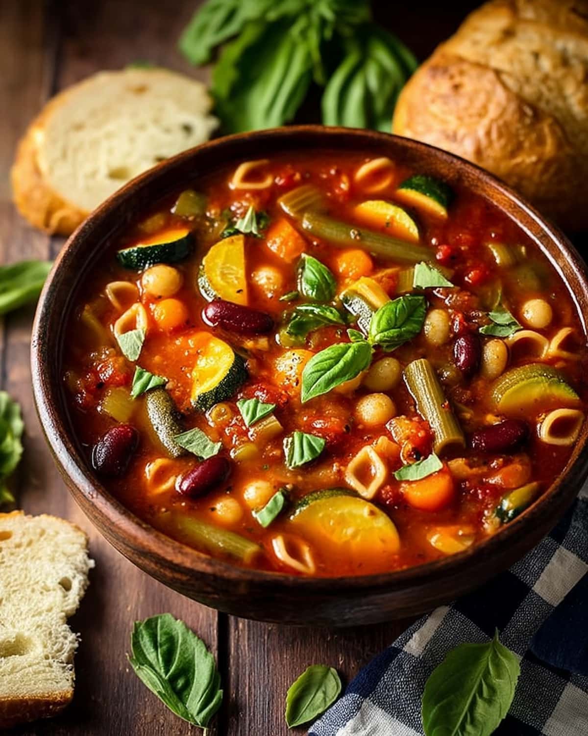 Instant Pot minestrone with meat filled with beans, zucchini, pasta, and vegetables in a rich tomato broth.