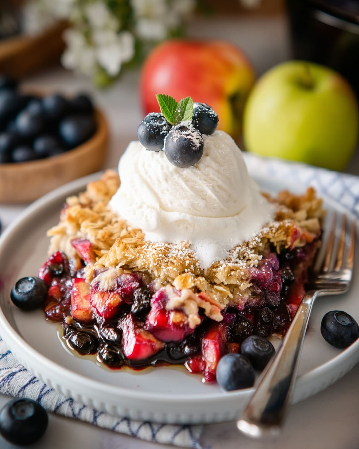 Instant Pot mixed berry crisp topped with vanilla ice cream, fresh blueberries, and a sprig of mint for a sweet.