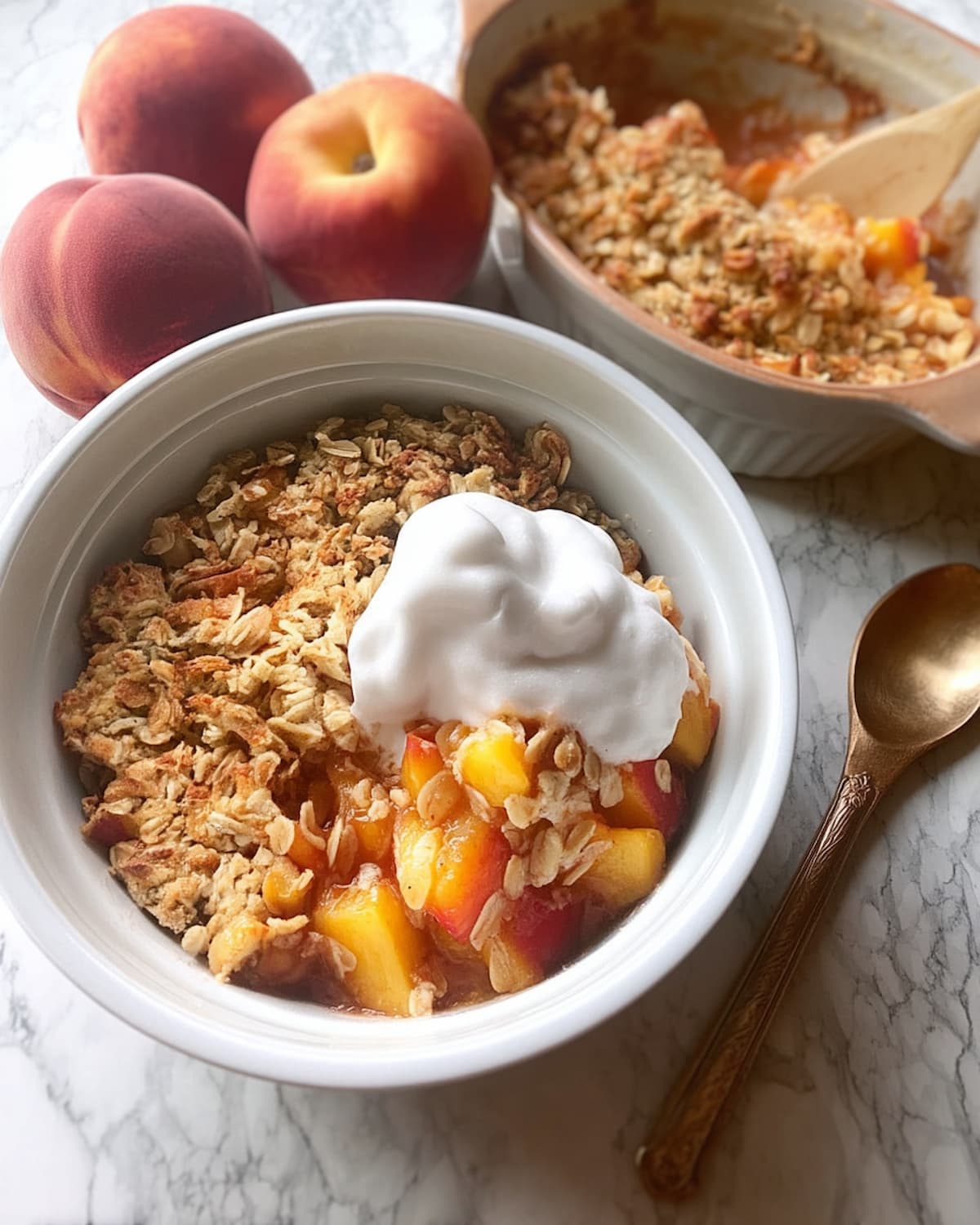 Instant Pot peach crisp topped with a dollop of whipped cream, featuring juicy peaches and a golden oat crumble topping.