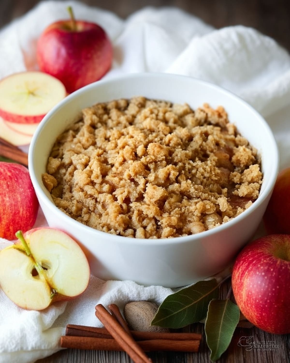 Instant Pot pear crisp topped with a golden brown crumble, surrounded by fresh pears, cinnamon sticks.