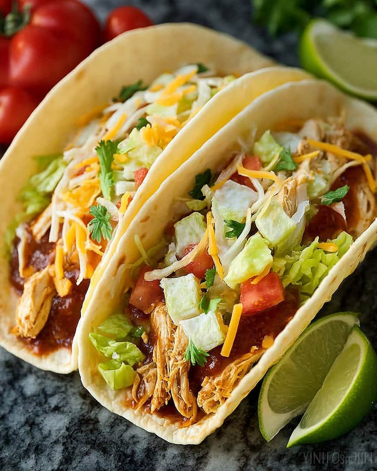 Instant Pot pulled chicken tacos filled with shredded chicken, lettuce, cheese, and salsa,.