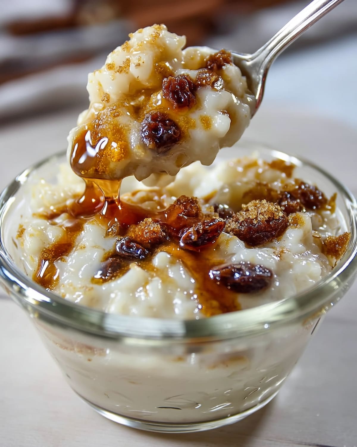 Instant Pot rice pudding with almond milk, topped with raisins, brown sugar, and a drizzle of syrup.