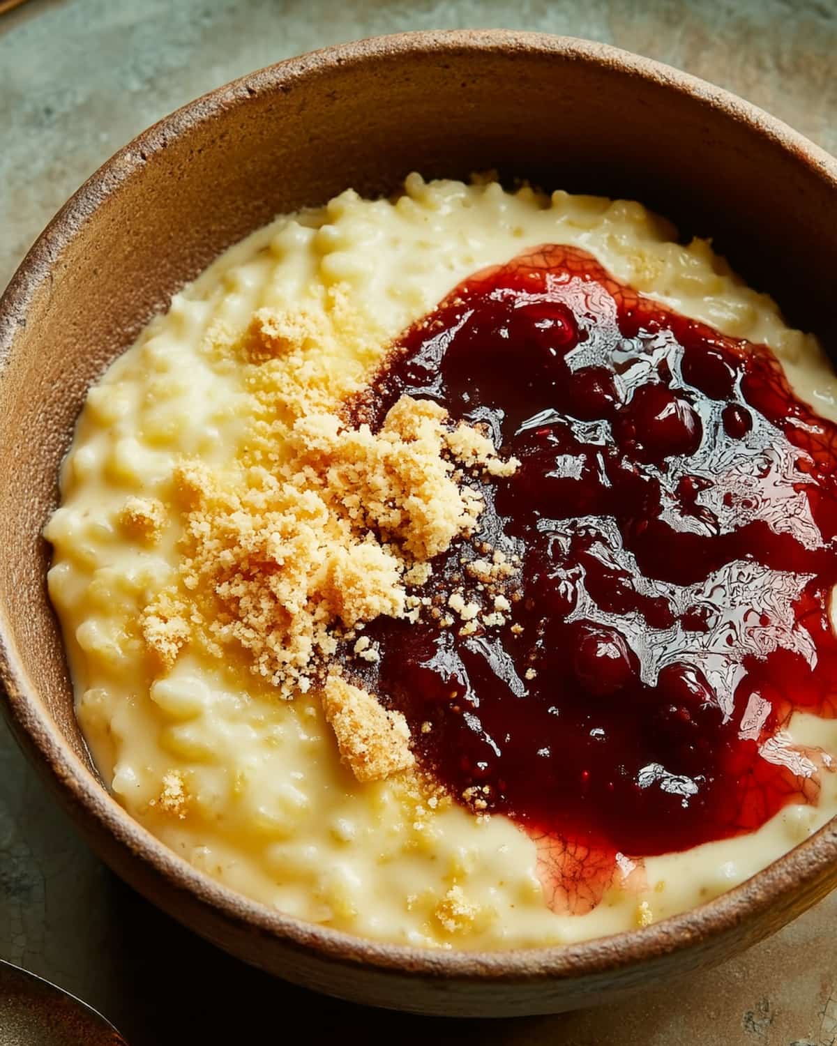 Instant Pot rice pudding with cinnamon, topped with berry jam and cookie crumbs.