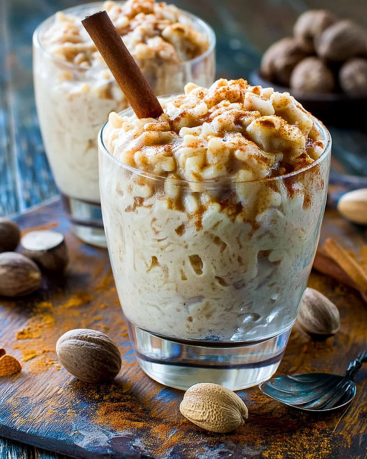 Instant Pot Rice Pudding served in glass cups, topped with cinnamon and a cinnamon stick.